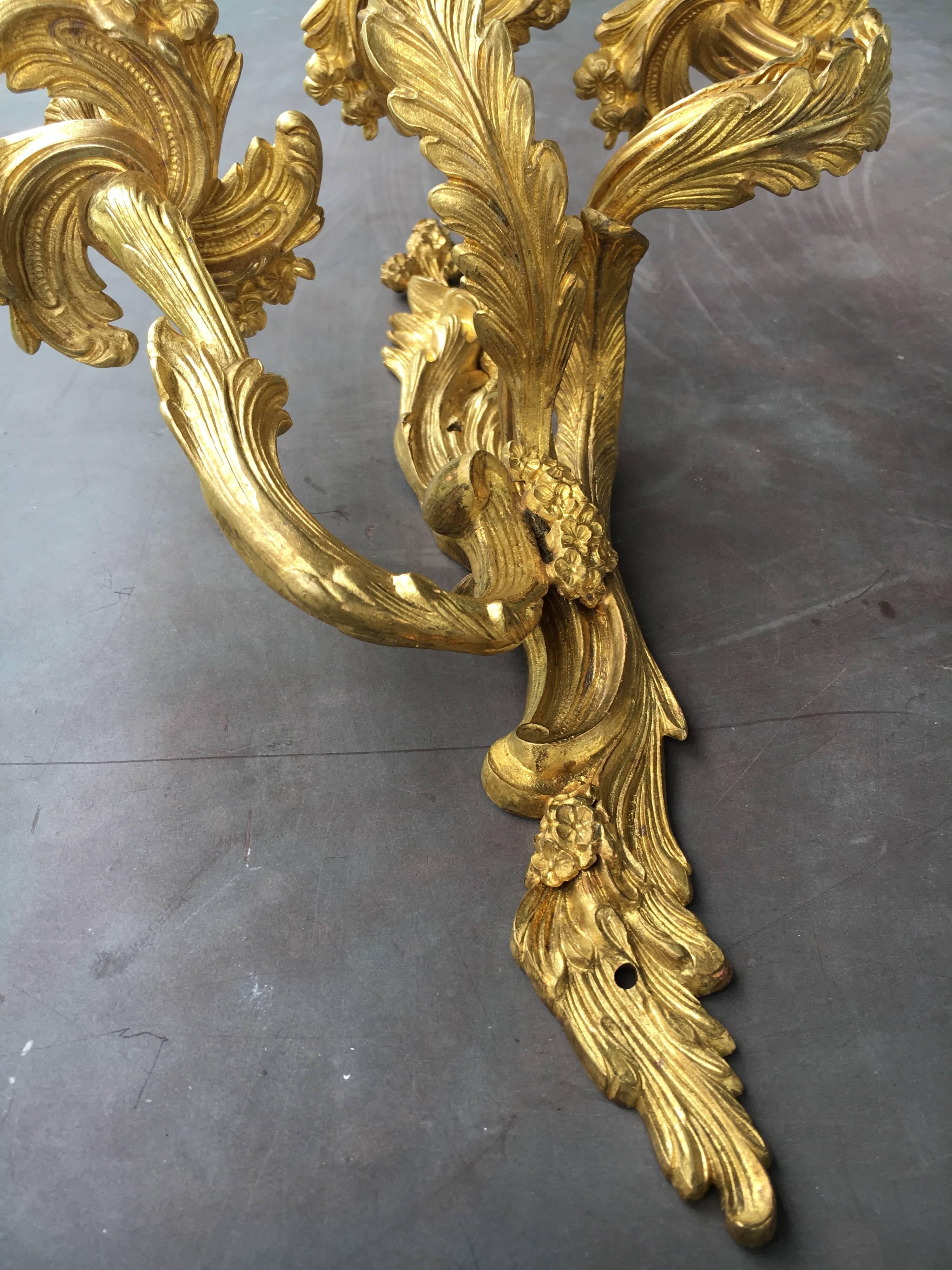 Late 19th Early 20th Century French Louis XV Style Gilt Bronze Sconces For Sale 3