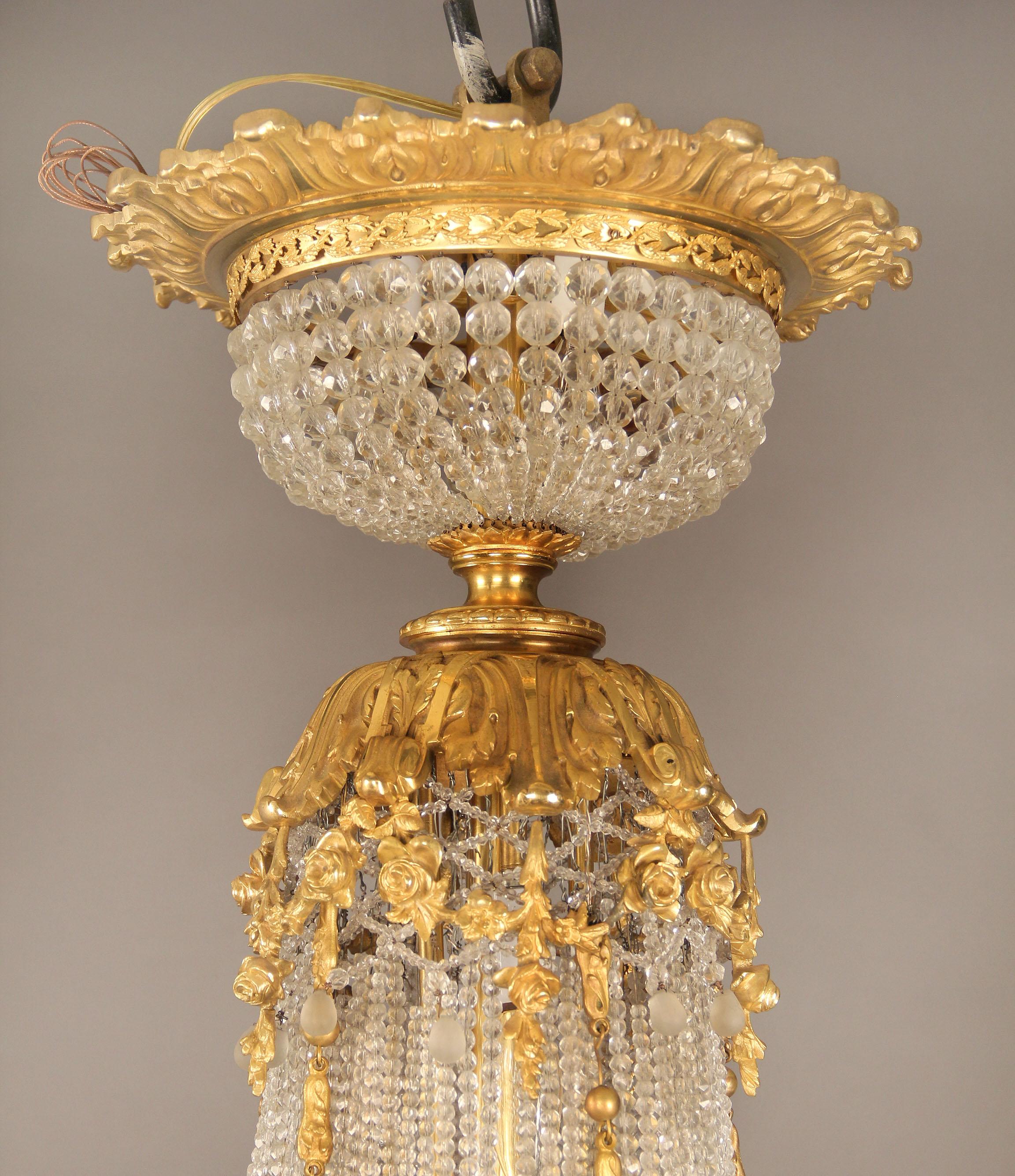 Belle Époque Late 19th/Early 20th Century Gilt Bronze and Beaded Twenty Light Chandelier For Sale