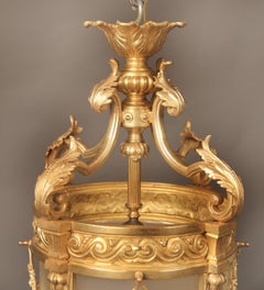 Late 19th-Early 20th Century Gilt Bronze and Etched Frosted Glass Hall Lantern