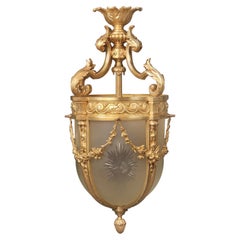 Antique Late 19th-Early 20th Century Gilt Bronze and Etched Frosted Glass Hall Lantern