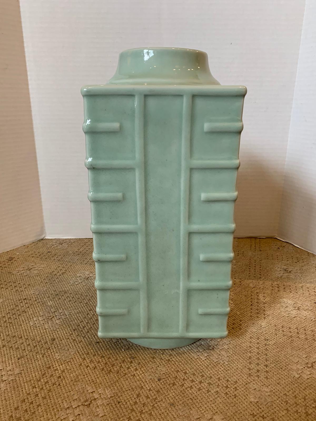 Late 19th-early 20th century glazed Celadon porcelain square cong form vase, unmarked.