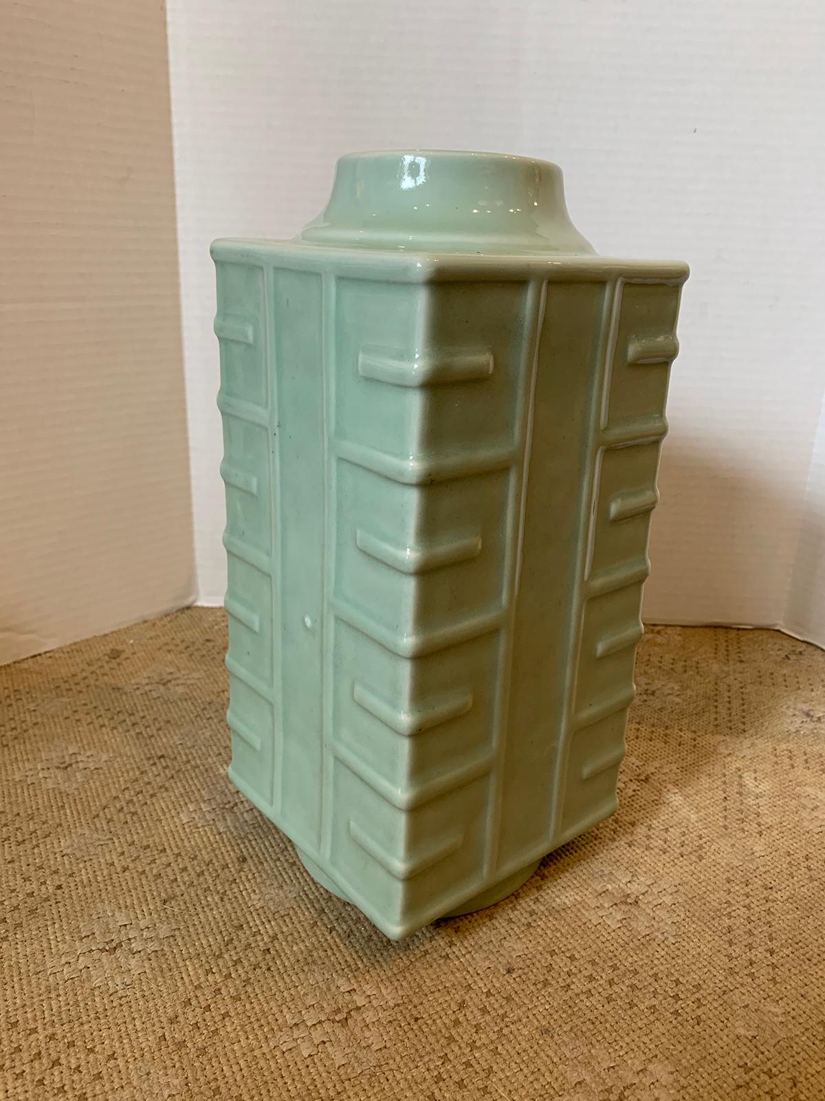 Ceramic Late 19th-Early 20th Century Glazed Celadon Porcelain Square Cong Form Vase