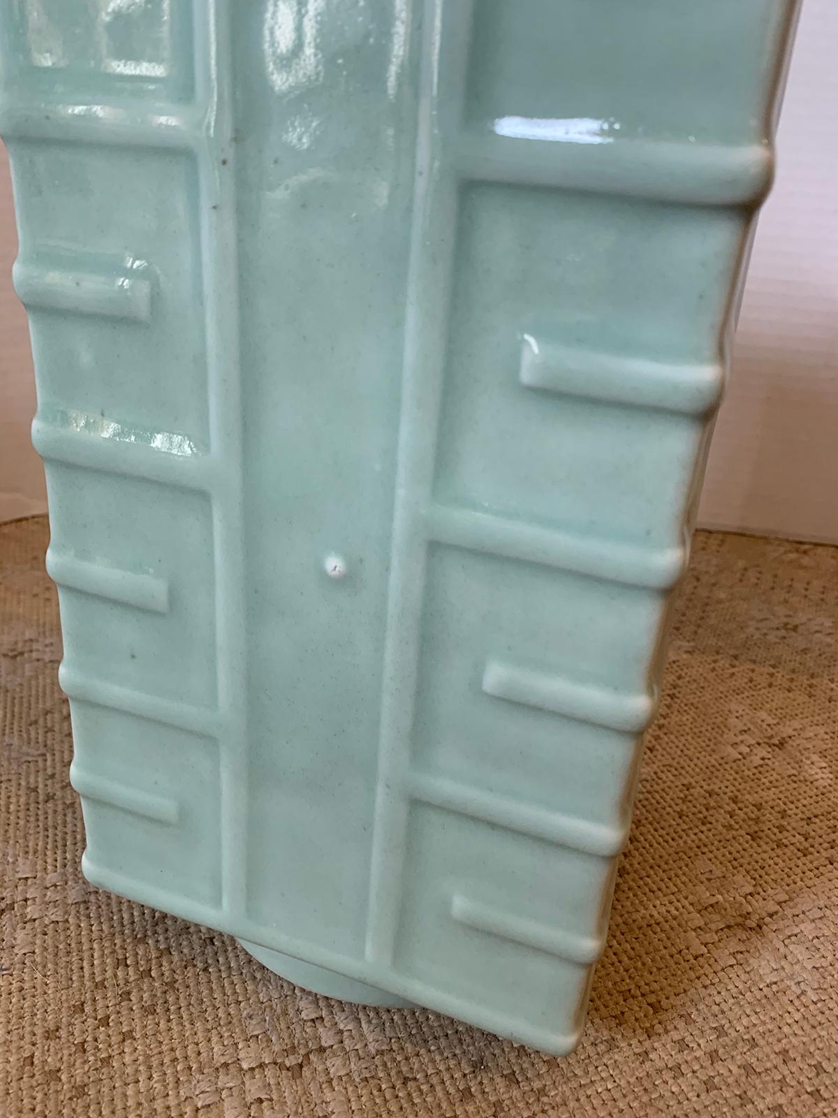 Late 19th-Early 20th Century Glazed Celadon Porcelain Square Cong Form Vase 3