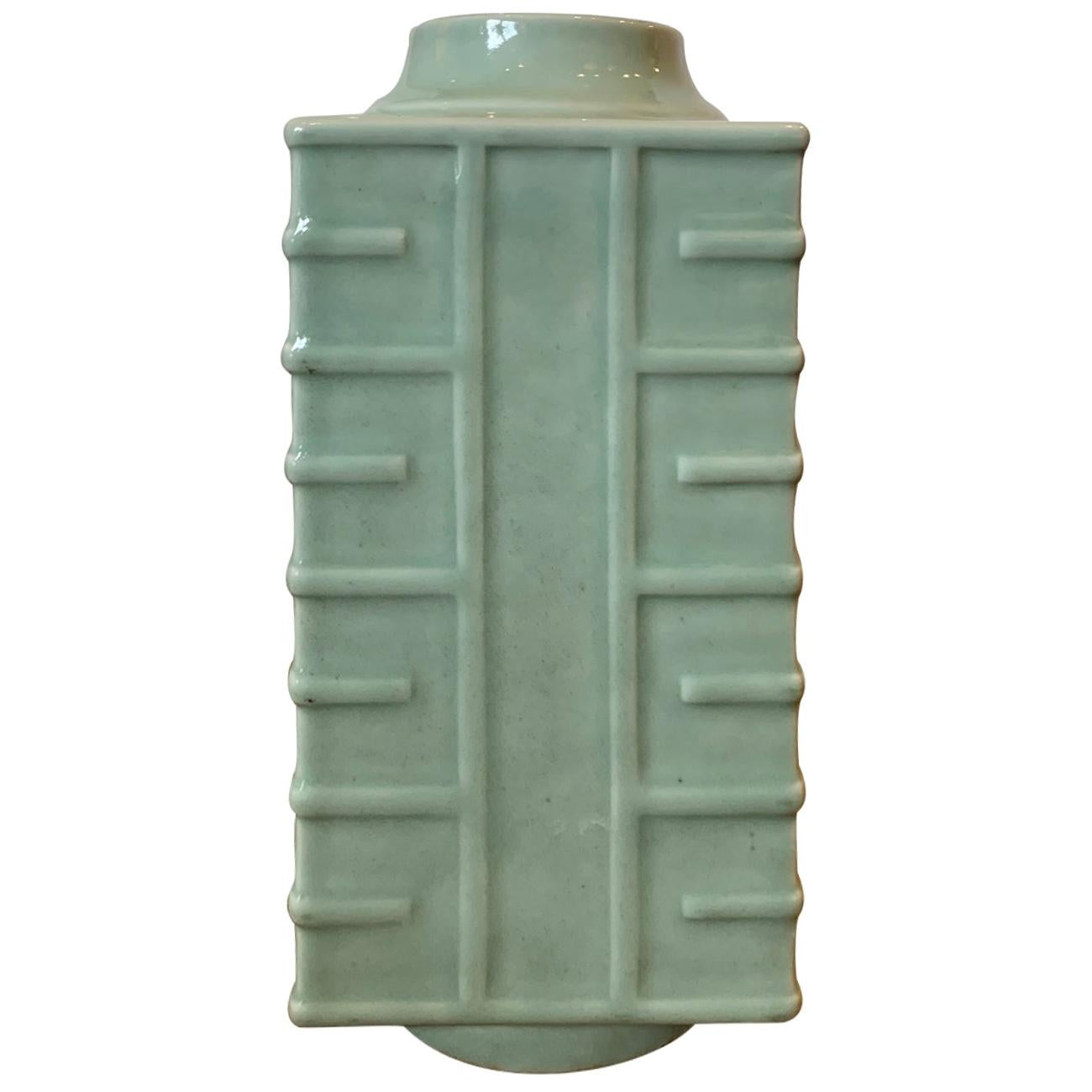 Late 19th-Early 20th Century Glazed Celadon Porcelain Square Cong Form Vase