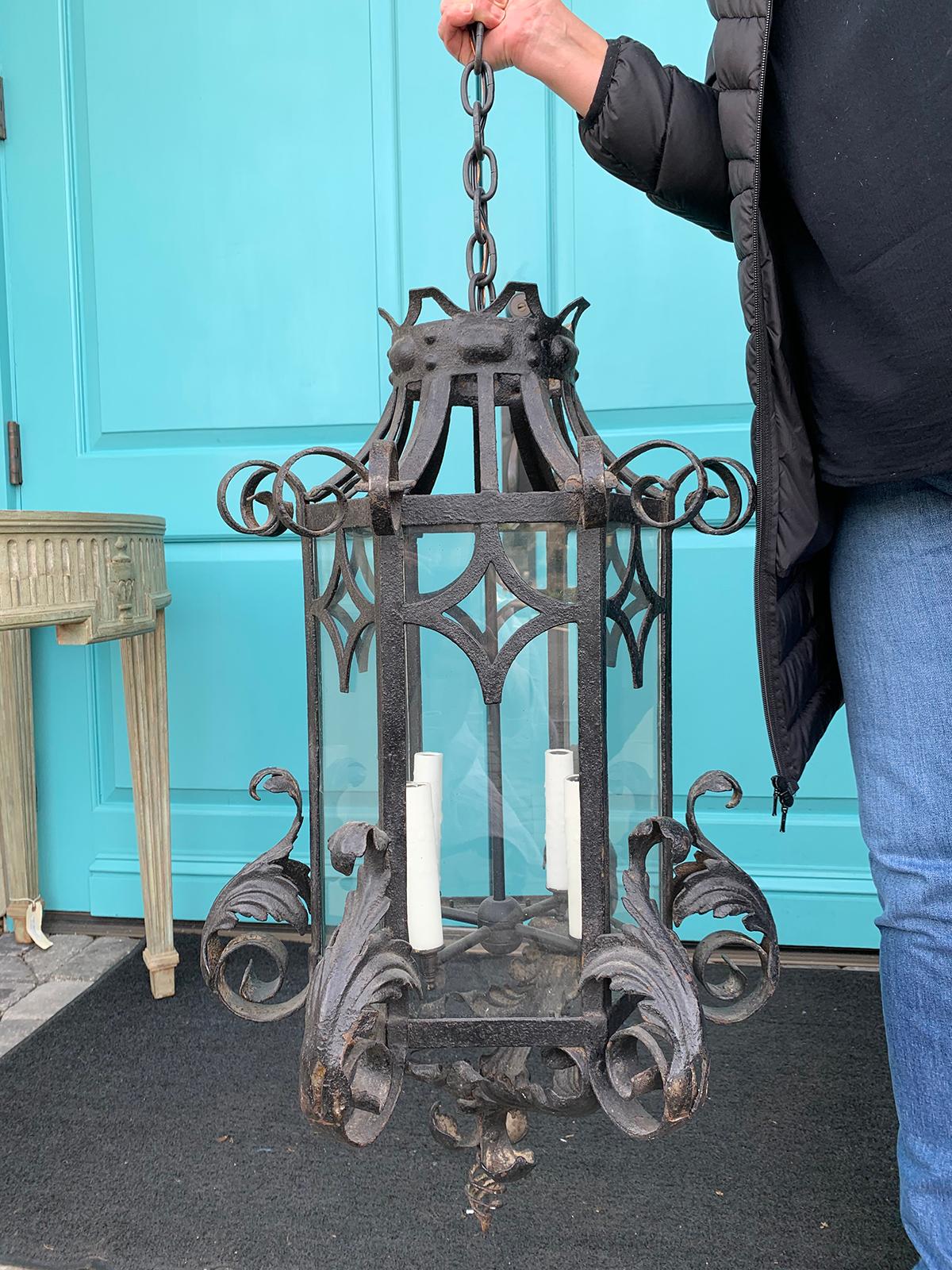 Late 19th-early 20th century iron lantern with scroll detail
New wiring.