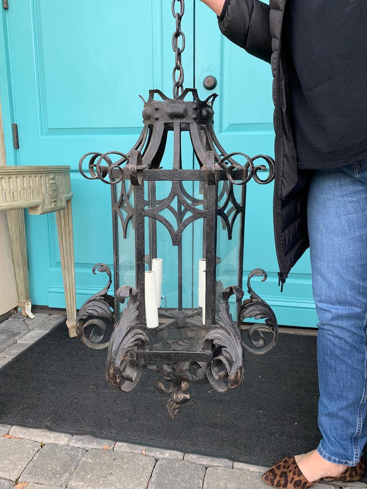 Late 19th-Early 20th Century Iron Lantern with Scroll Detail In Good Condition For Sale In Atlanta, GA
