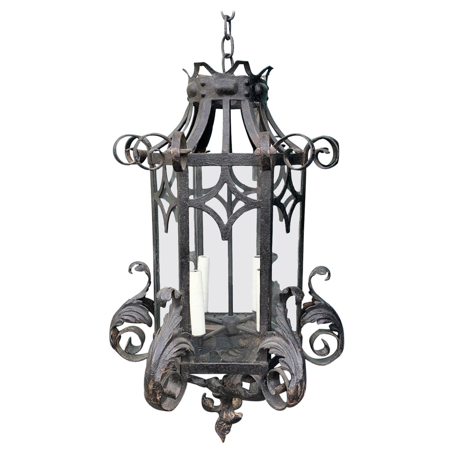 Late 19th-Early 20th Century Iron Lantern with Scroll Detail For Sale