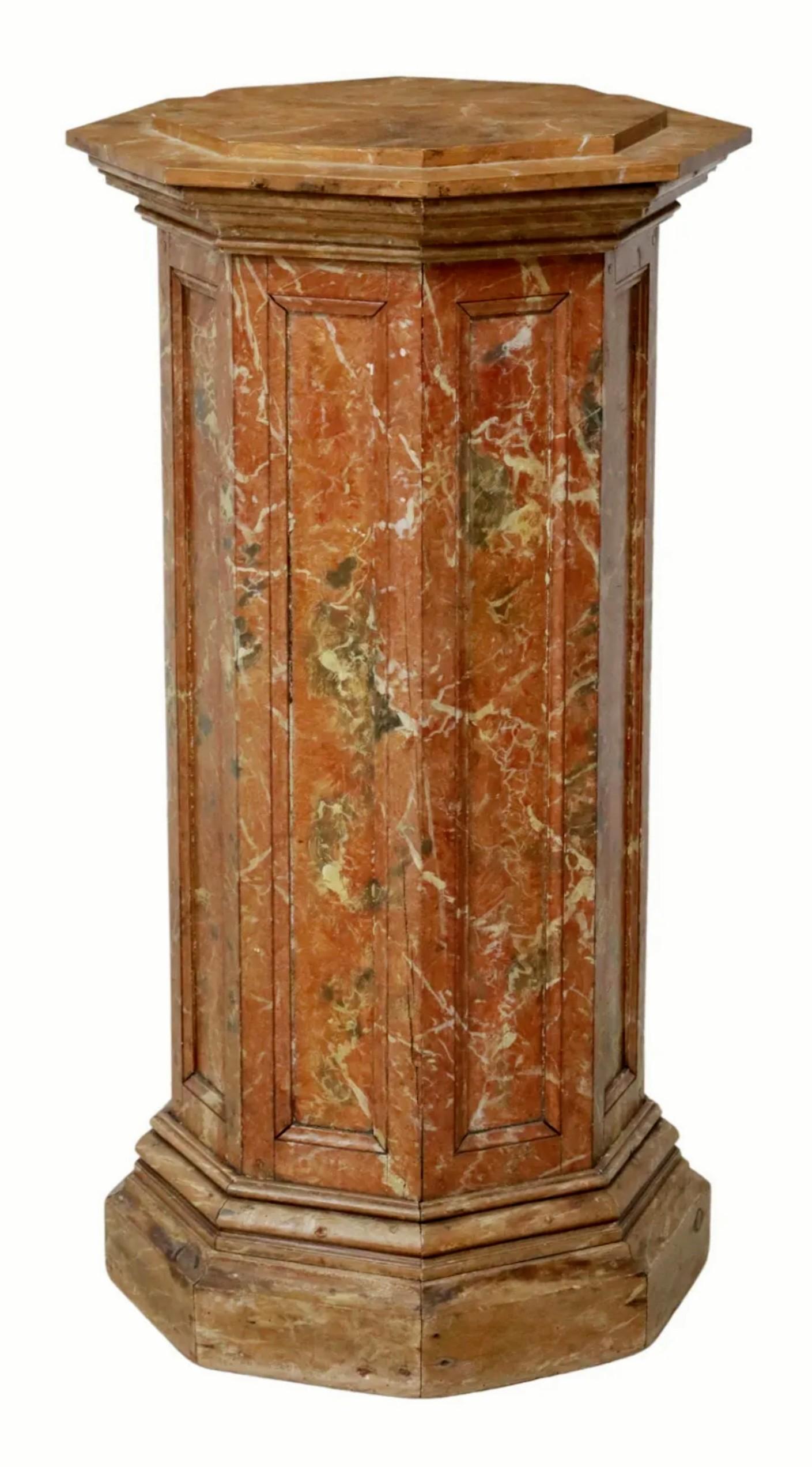 A large antique Italian Neoclassical Revival faux marble painted wooden pedestal - plant stand from the turn of the late 19th / early 20th century.

Octagonal architectural columnar form with paneled sides, hand-crafted of solid pine,