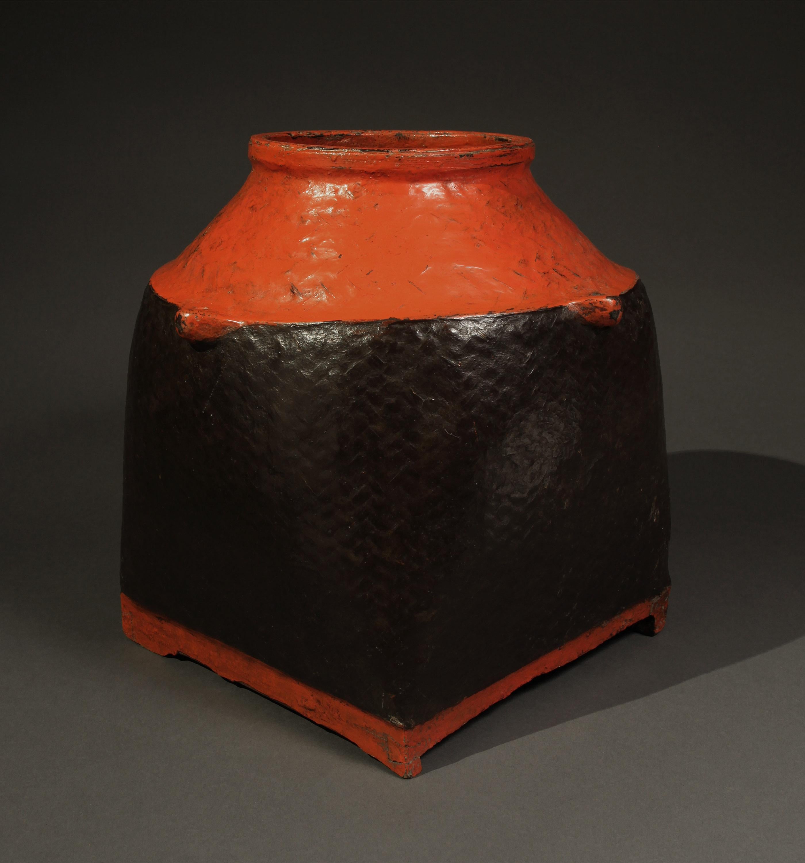 Late 19th-early 20th century lacquered woven bamboo container from Burma.
 