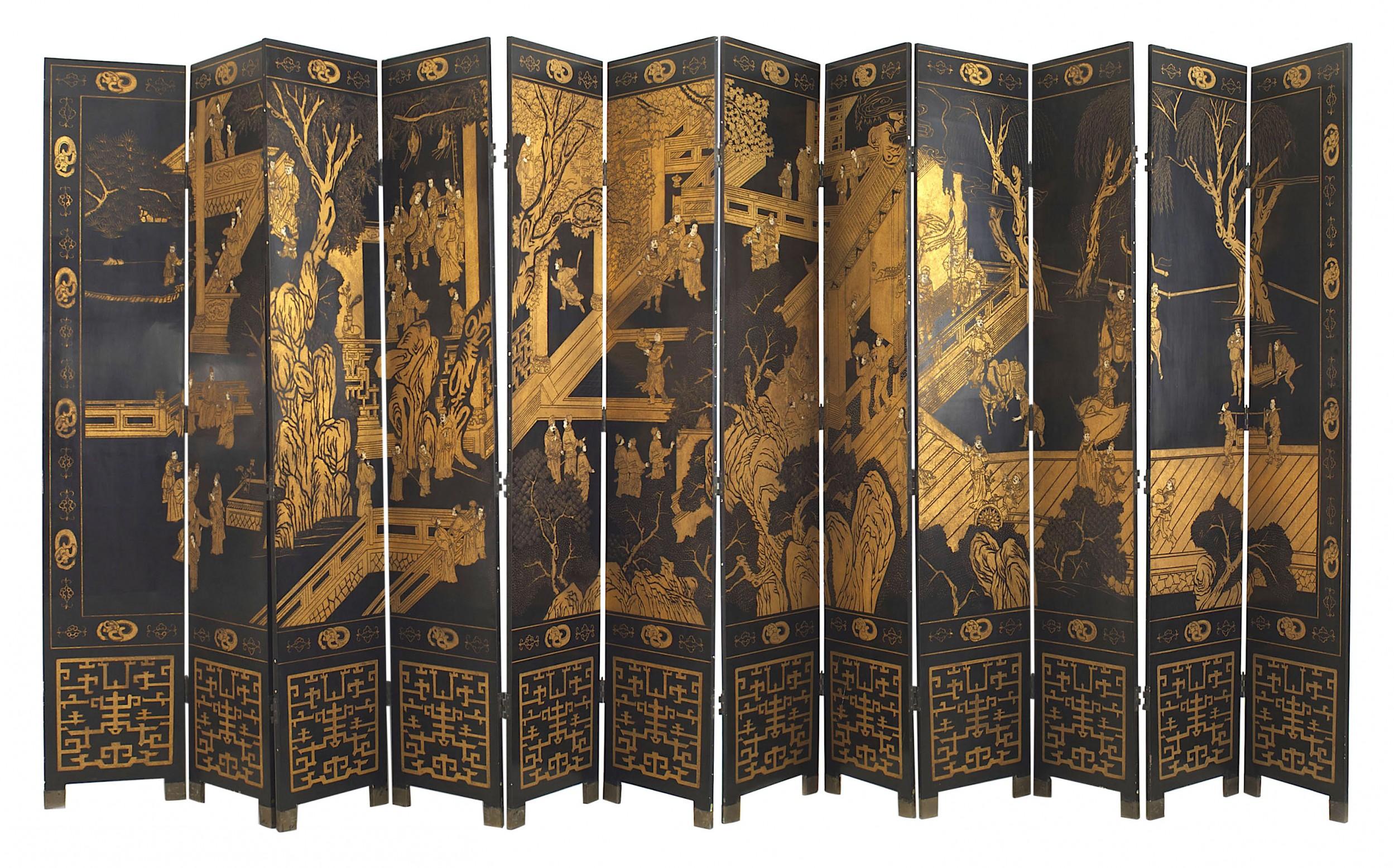 Asian Chinese black lacquer (19th/20th Century) 12 panel screen with an incised gilt genre scene on one side and a multi-colored incised floral design on the back. (18