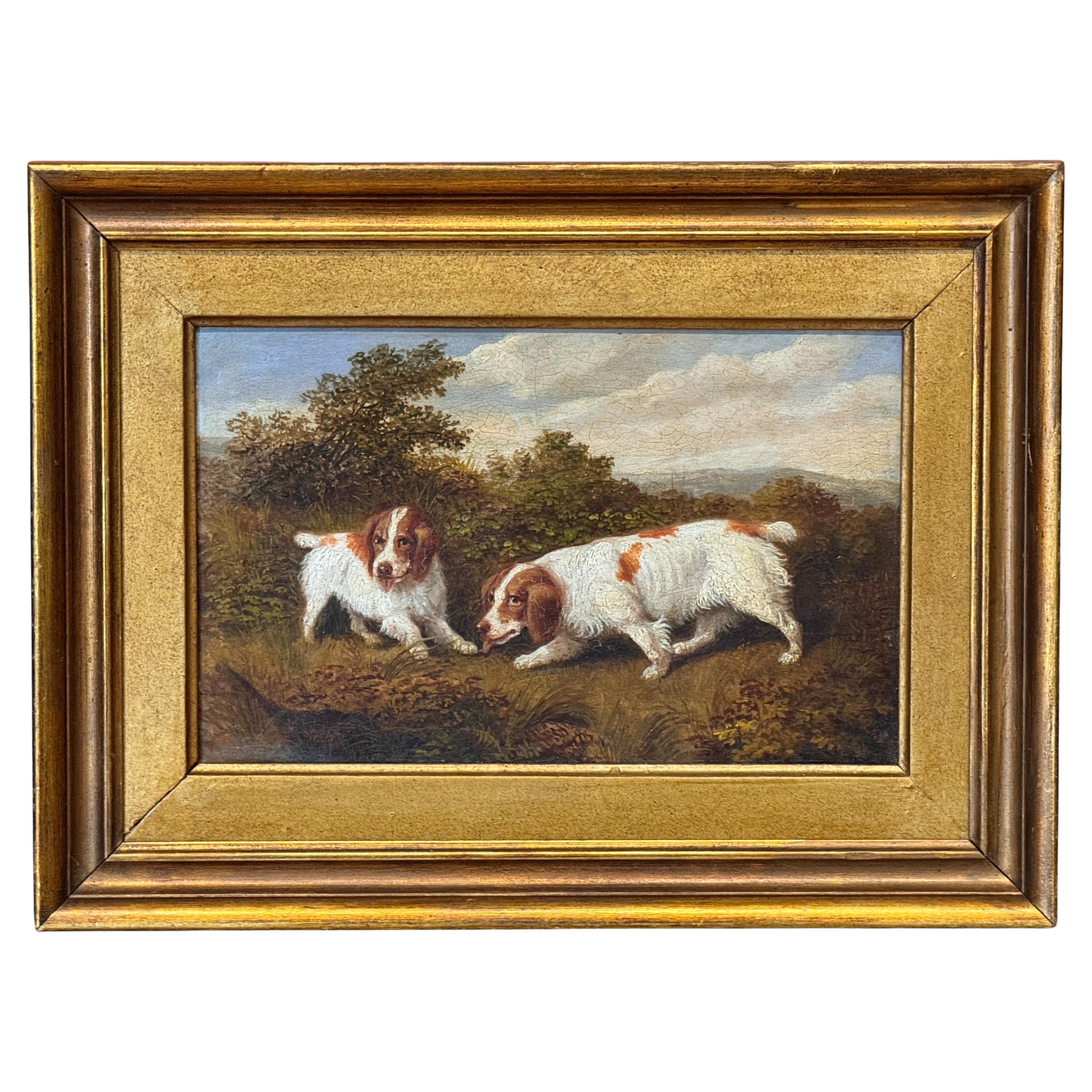 Fin du 19e siècle/début du 20e siècle Peinture à l'huile sur carton représentant des épagneuls