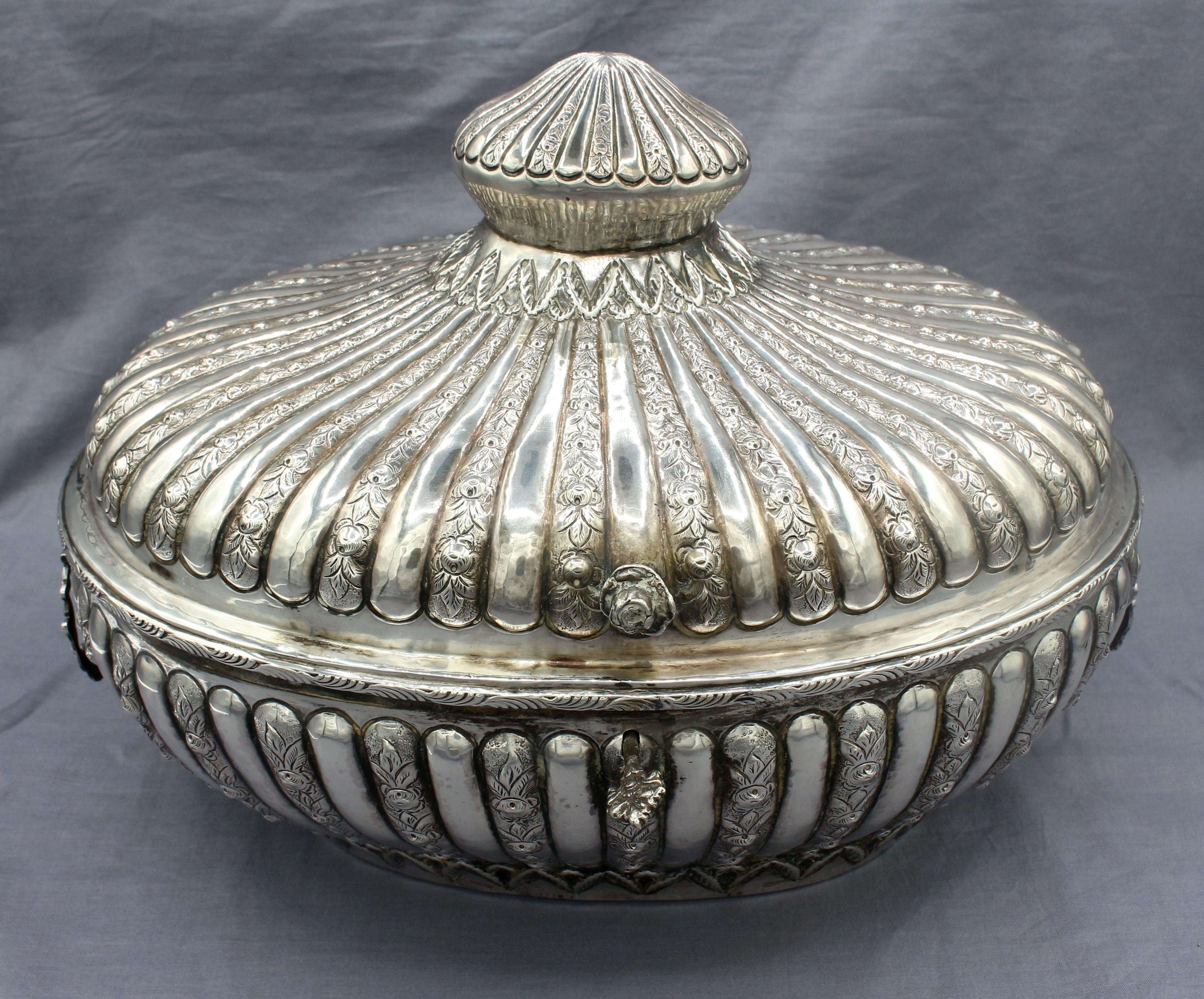 Late 19th-early 20th century Ottoman Empire Grand Scale Silver Jewelry Casket. Velvet lining; with a presentation case. 900 standard silver guarantee hallmark, SK mark unidentified, but found on silver repousse tray, boxes, etc. Likely pre-1906.