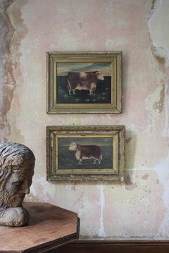 Late 19th/Early 20th Century Pair of Naive Folk Art Prize Bulls Oil on Canvas