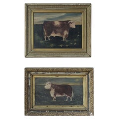 Paire de taureaux de la fin du XIXe/début du XXe siècle, Prix d'art populaire naïf, huile sur toile