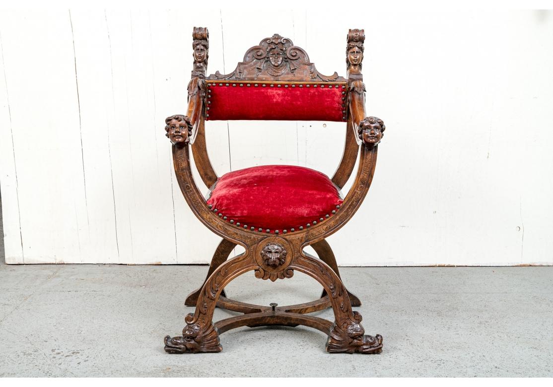 Fabric Late 19th/Early 20th Century Renaissance Style Savonarola Arm Chair  For Sale