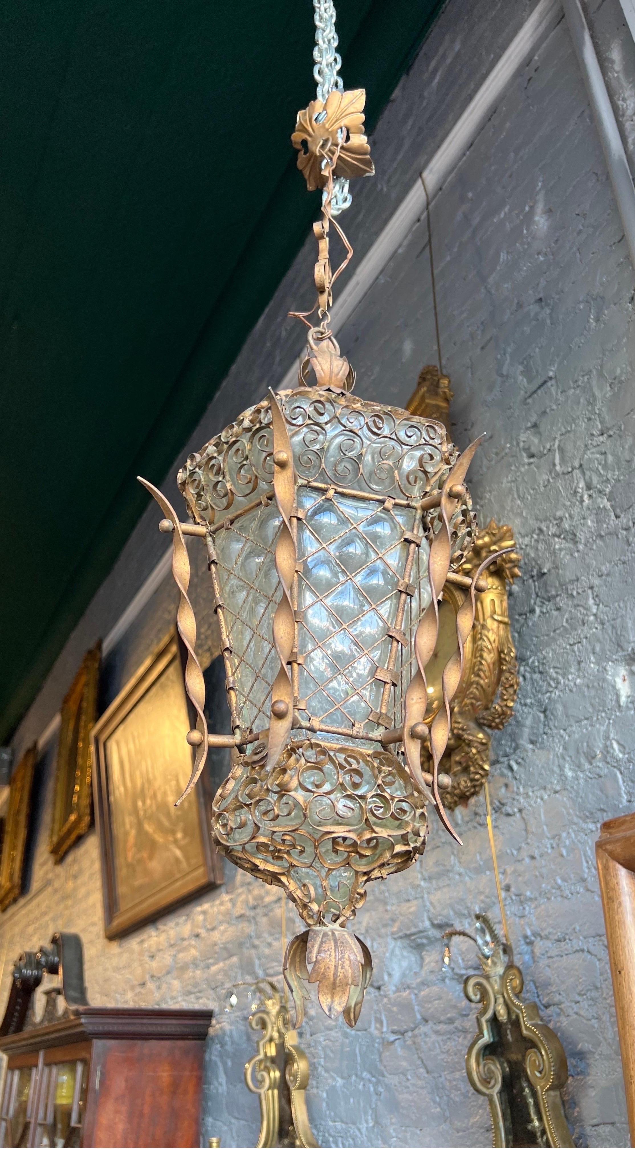 Italian Late 19th - Early 20th Century Venetian Handblown Glass and Iron Lantern For Sale