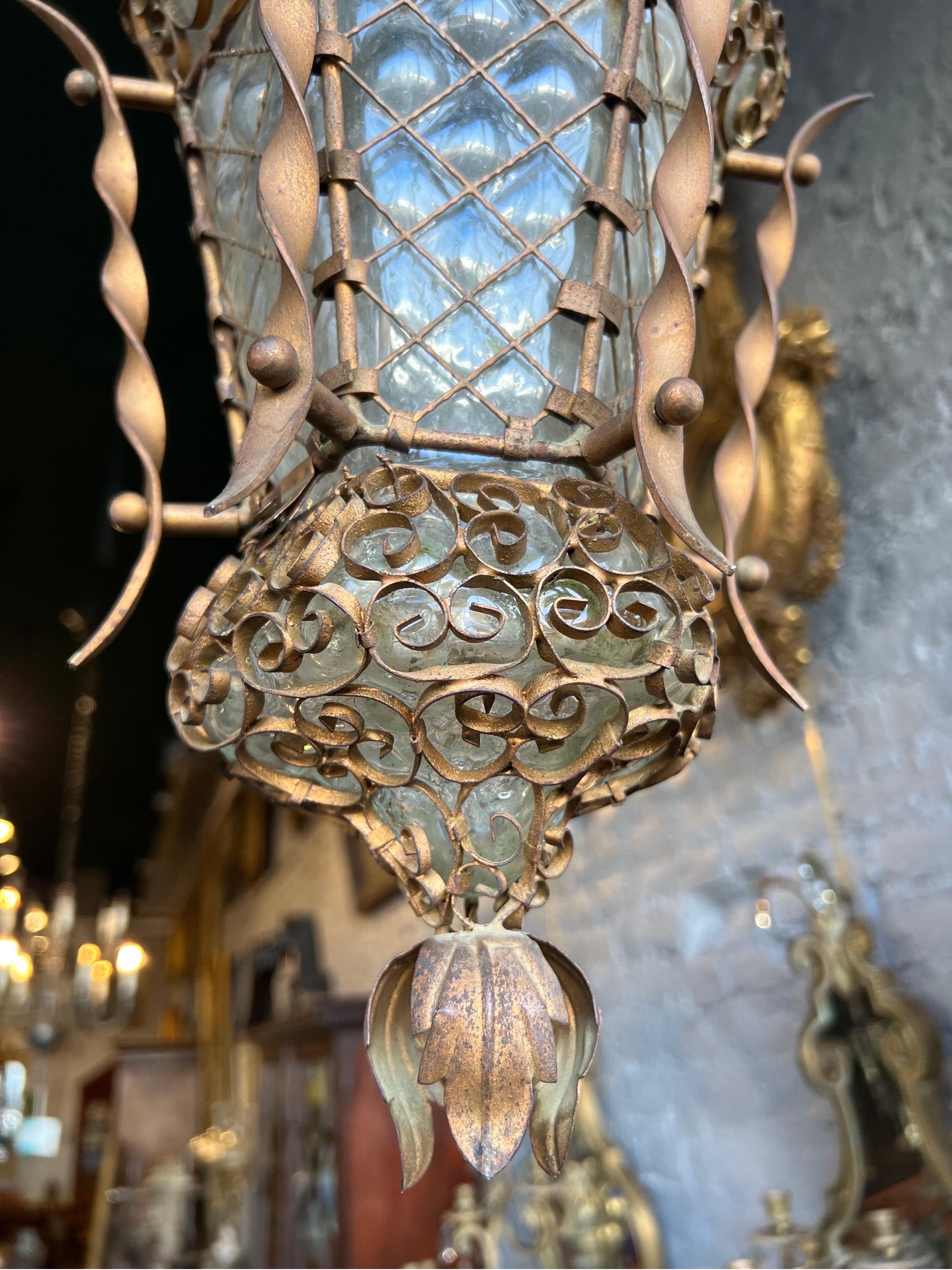 Late 19th - Early 20th Century Venetian Handblown Glass and Iron Lantern For Sale 1