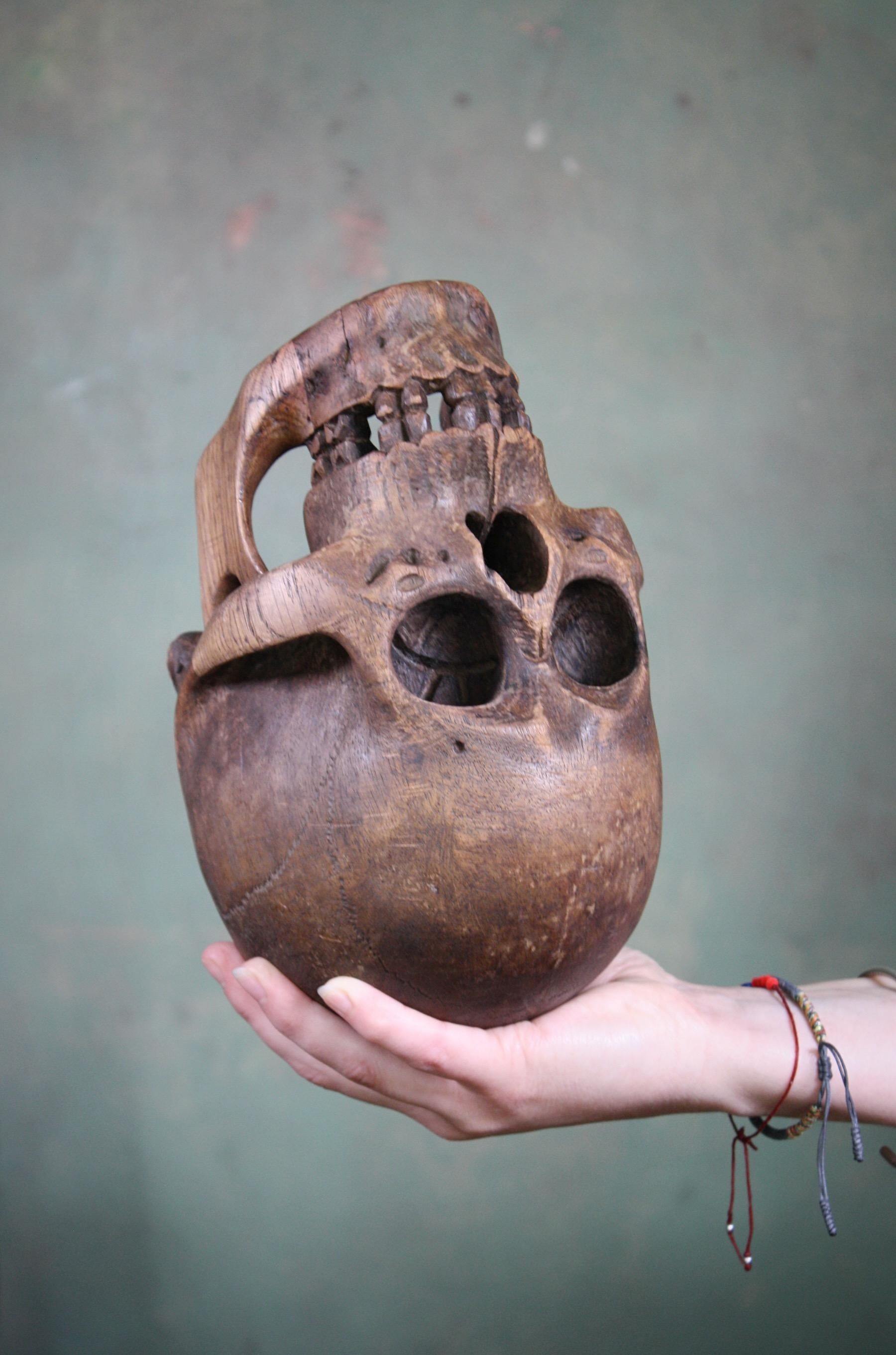 European Late 19th-Early 20th Century Life-Size Treen Carved Memento Mori Human Skull