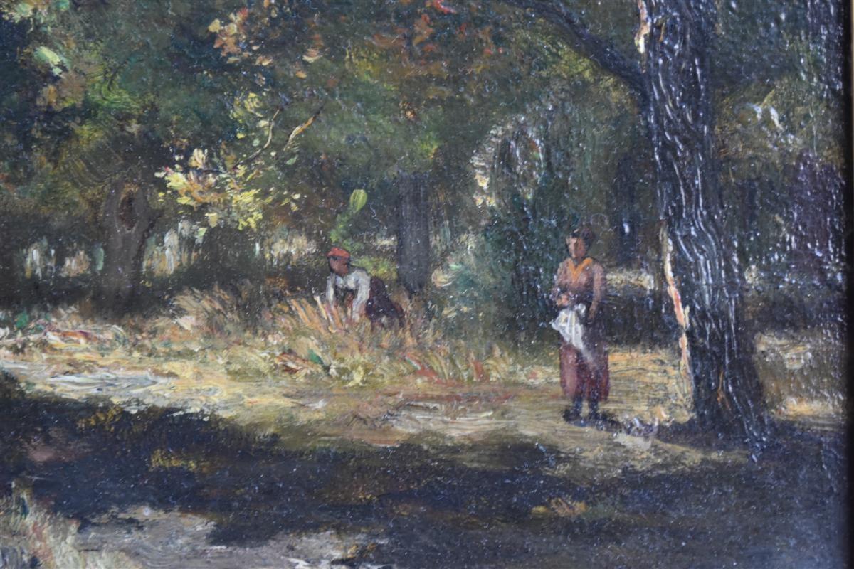 Oil on panel depicting a landscape of the Barbizon school undergrowth and characters in the drill fontainbleau, signed lower right by Ernest Guillemer.