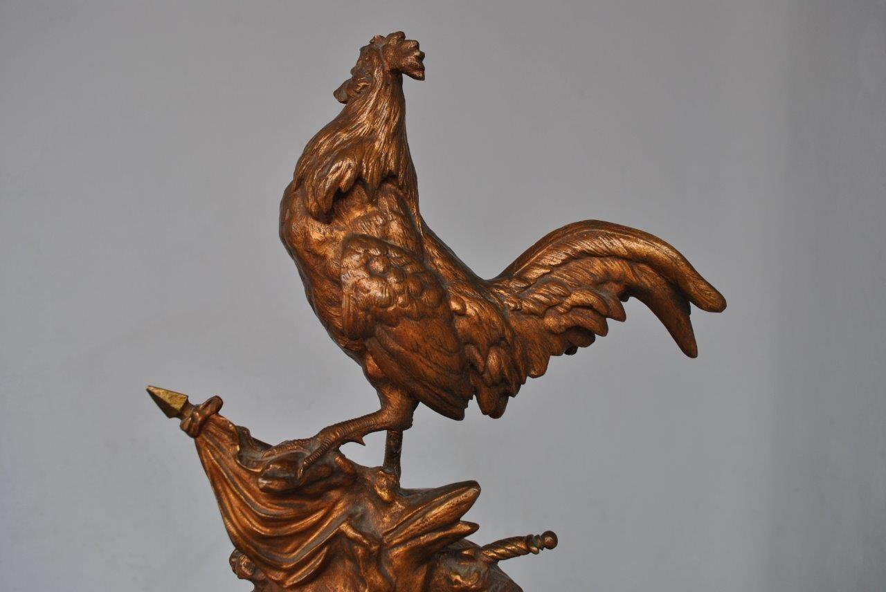 French Cock bronze gilded patina with green marble base. Epoque late 19th signed Edouard Drouot. Edouard Drouot is a French sculptor born in Sommevoire on April 3, 1859 and died in Paris on May 22, 1945. He was a student of Émile Thomas and Mathurin