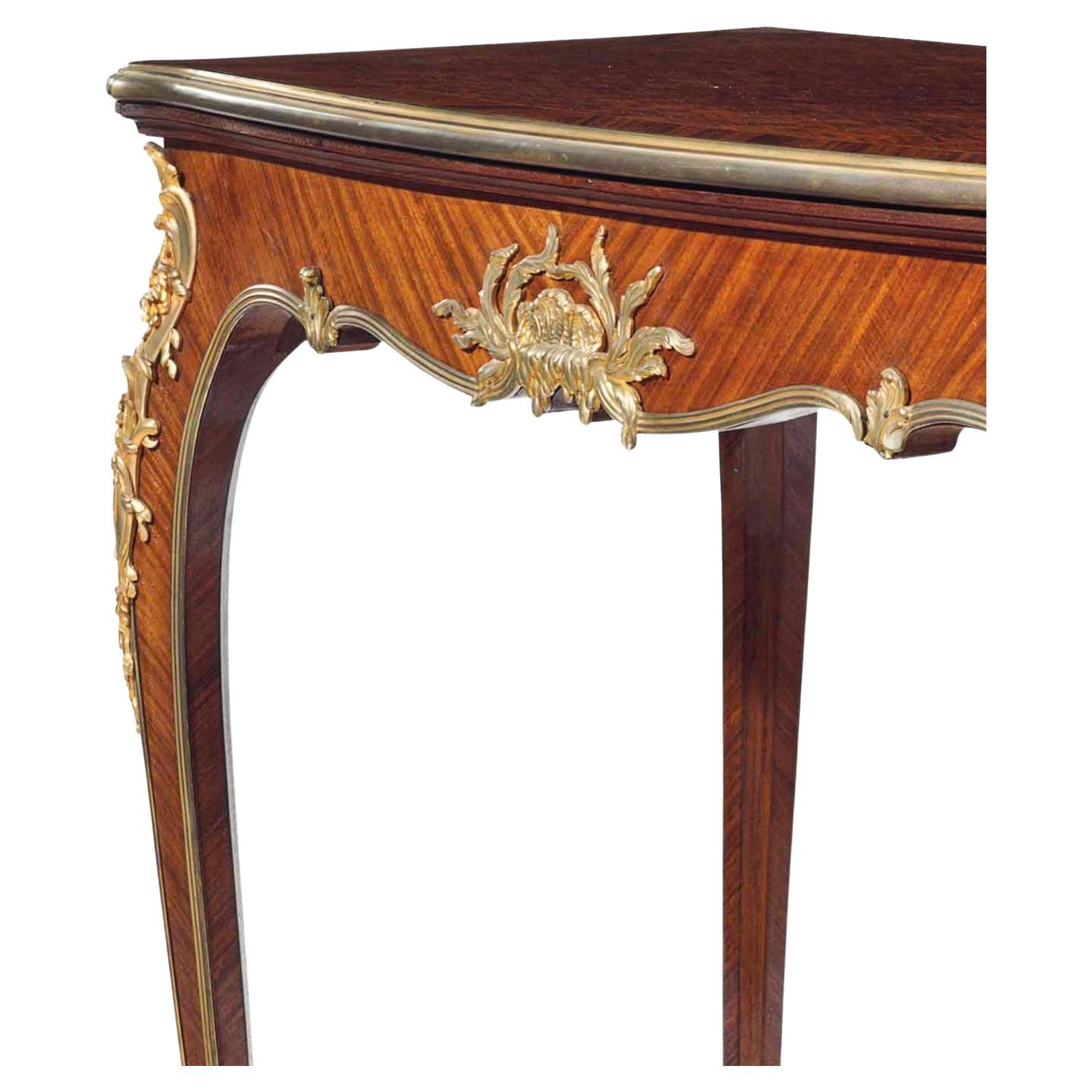 Item: a French ormolu-mounted Kingwood and satin parquetry games table author: Fransois Linke
Origin: Paris, France
Special features: the left front angle mount signed F. LINKE, the reverse of the mounts variously numbered period: late 19th/early