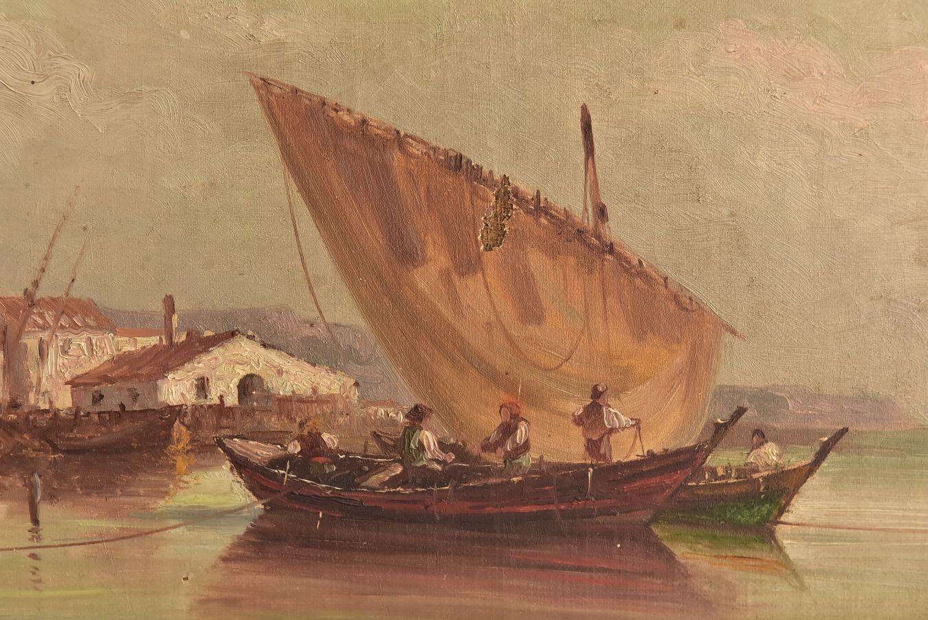 Late 19th Marine oil painting representing a fishing boat at the harbor with houses by Paul Seignon (1820-1890) dimension 42 cm by 27 cm.