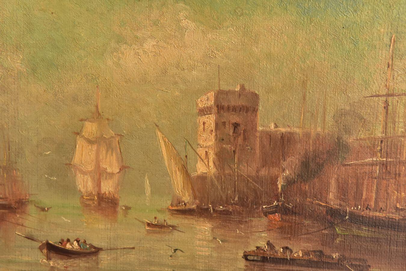 Later 19th marine oil painting representing the entrance to the harbour of Marseille (France) by Paul Seignon, (1820-1890).