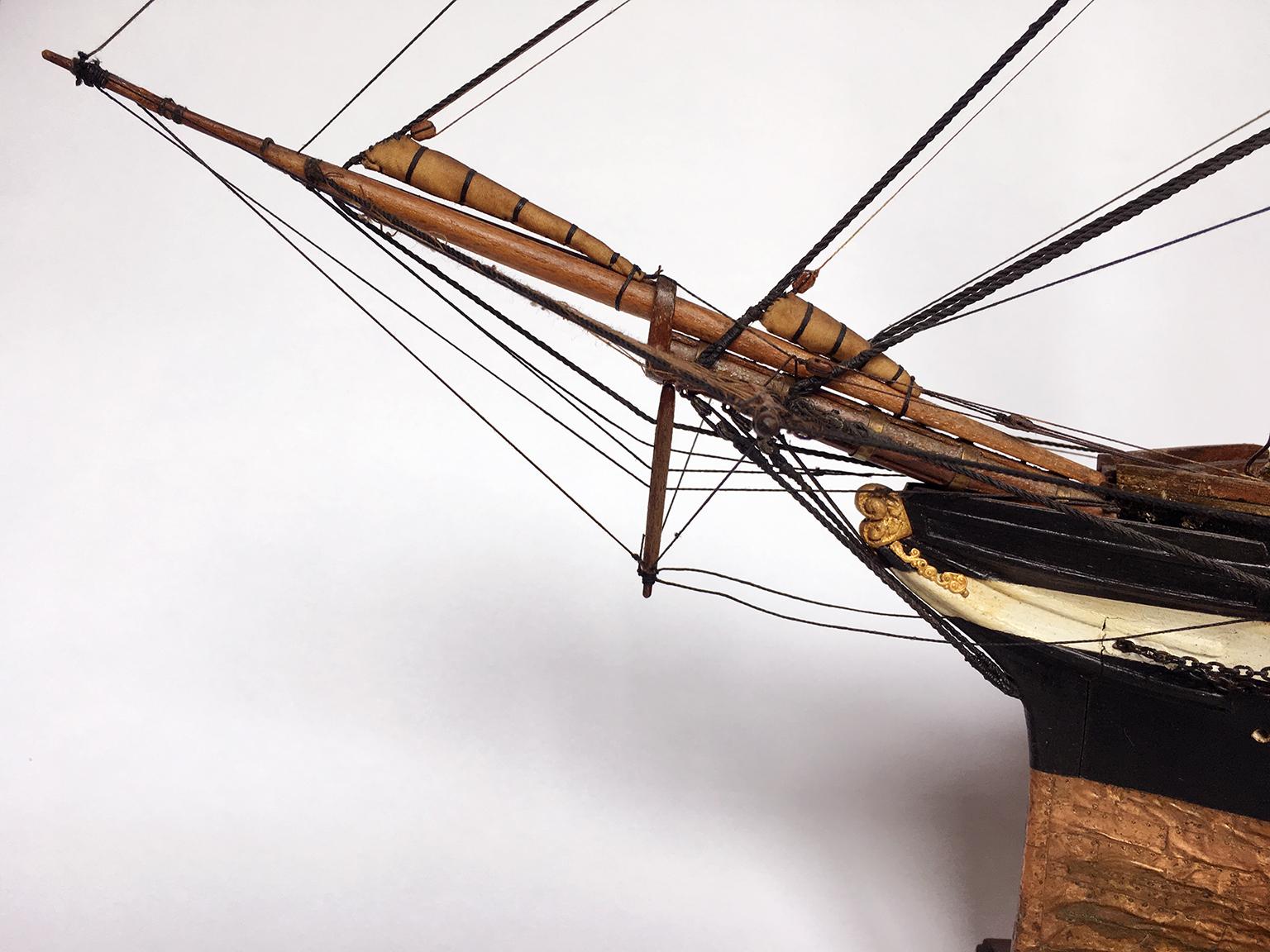 Model of the three-masted steam-frigate Garibaldi
Late 19th century or early 20th century
Different woods and rigging in various materials with hull covered in copper.
30 cannons. No flags.
It measures: height (with base) 22.83 in (58 cm) x length