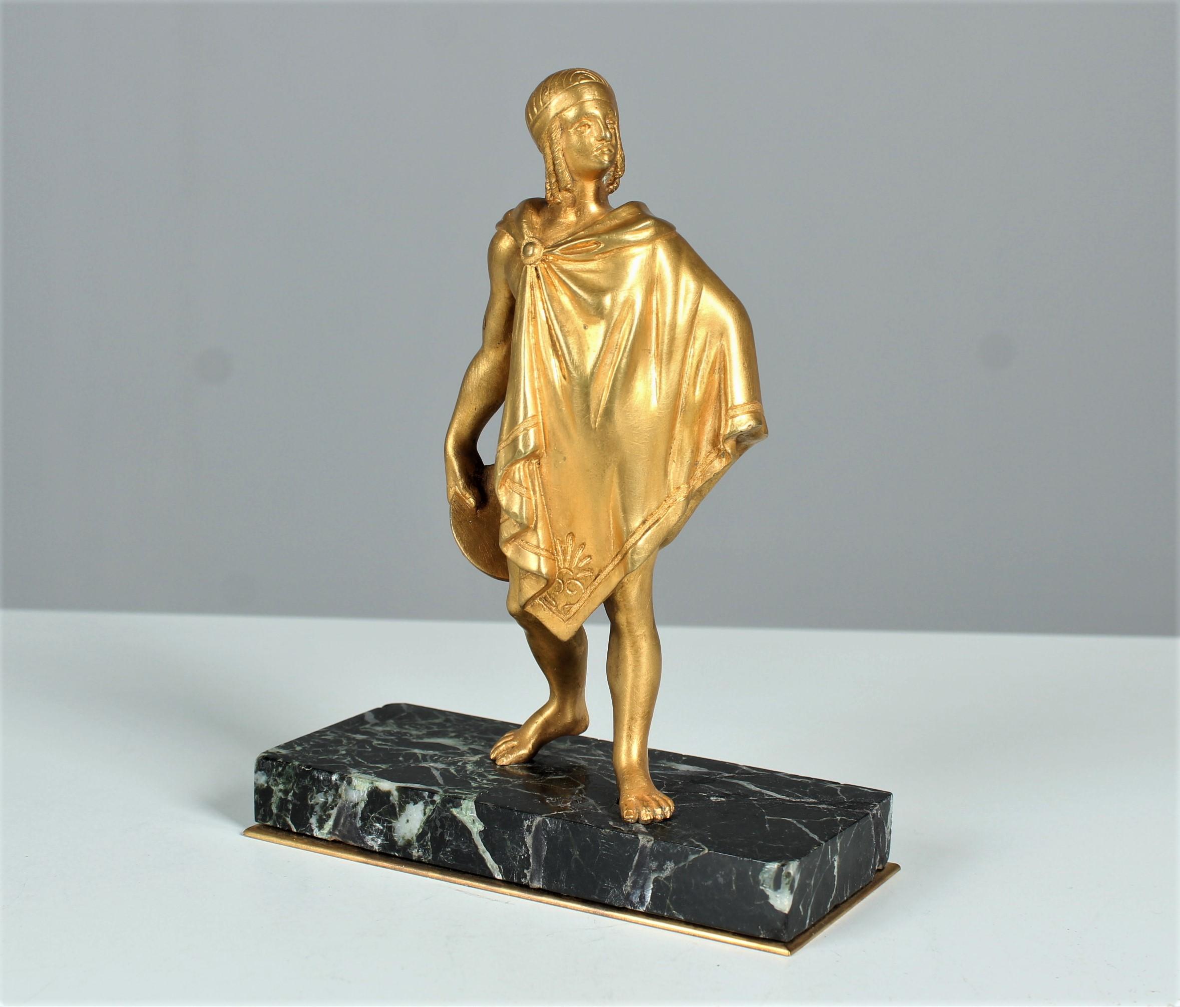 Beautiful antique sculpture by the french artist Édouard Drouot (* 3. April 1859, Sommevoire, France - 22. Mai 1945, Paris, France).
Beautifully crafted and gilded bronze on a marble base.
Signed on the backside of the cape 