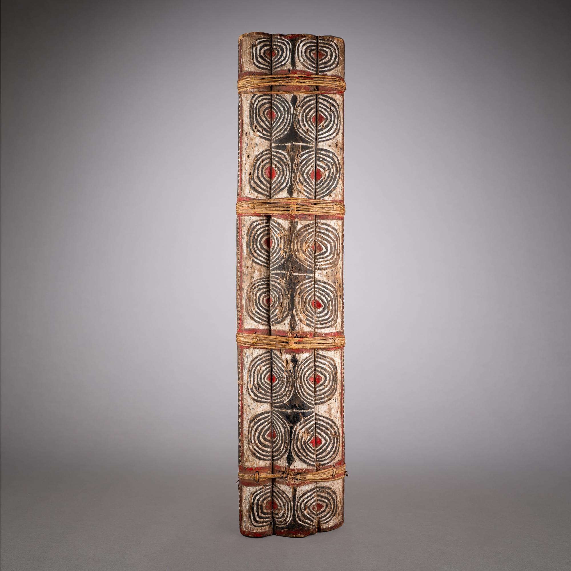 This tall, vertical shield from West New Britain exemplifies classic Kadrian/Arawe design, with panels of concentric circles in pairs and quartets separated by horizontal bands. It is constructed of three planks lashed together with cane, with a