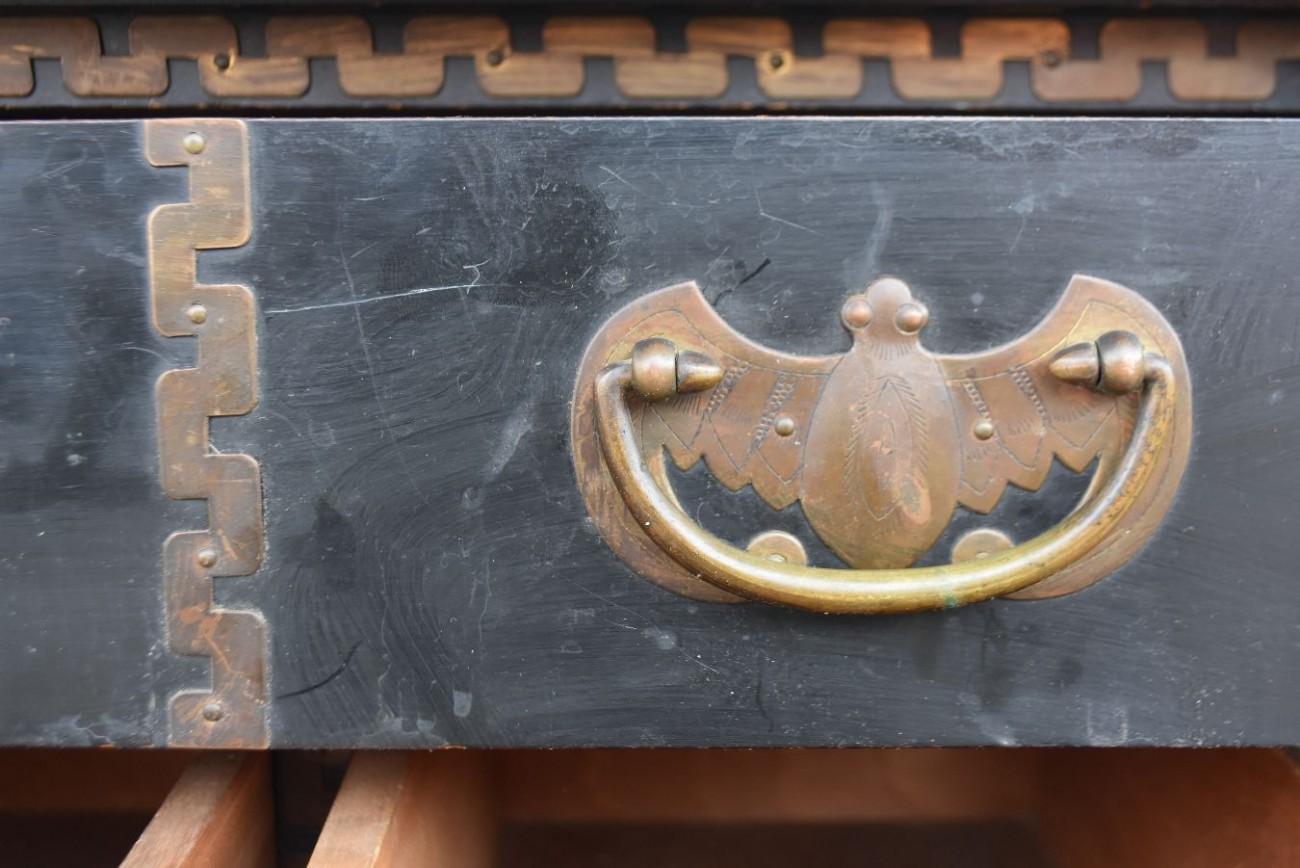 Late 19th Original Wood Blackened Trunk Korea Brass Decor Swastika 5