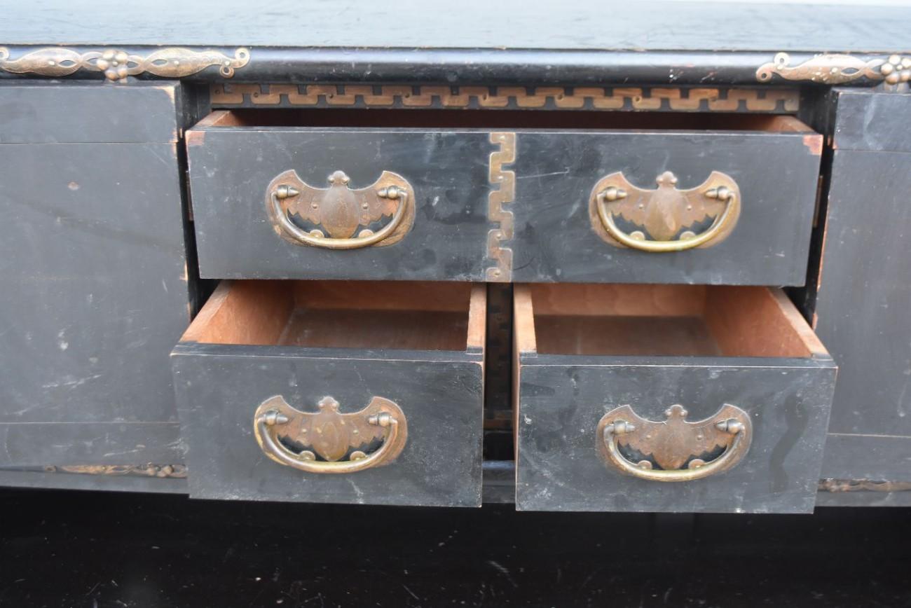 Chinoiserie Late 19th Original Wood Blackened Trunk Korea Brass Decor Swastika