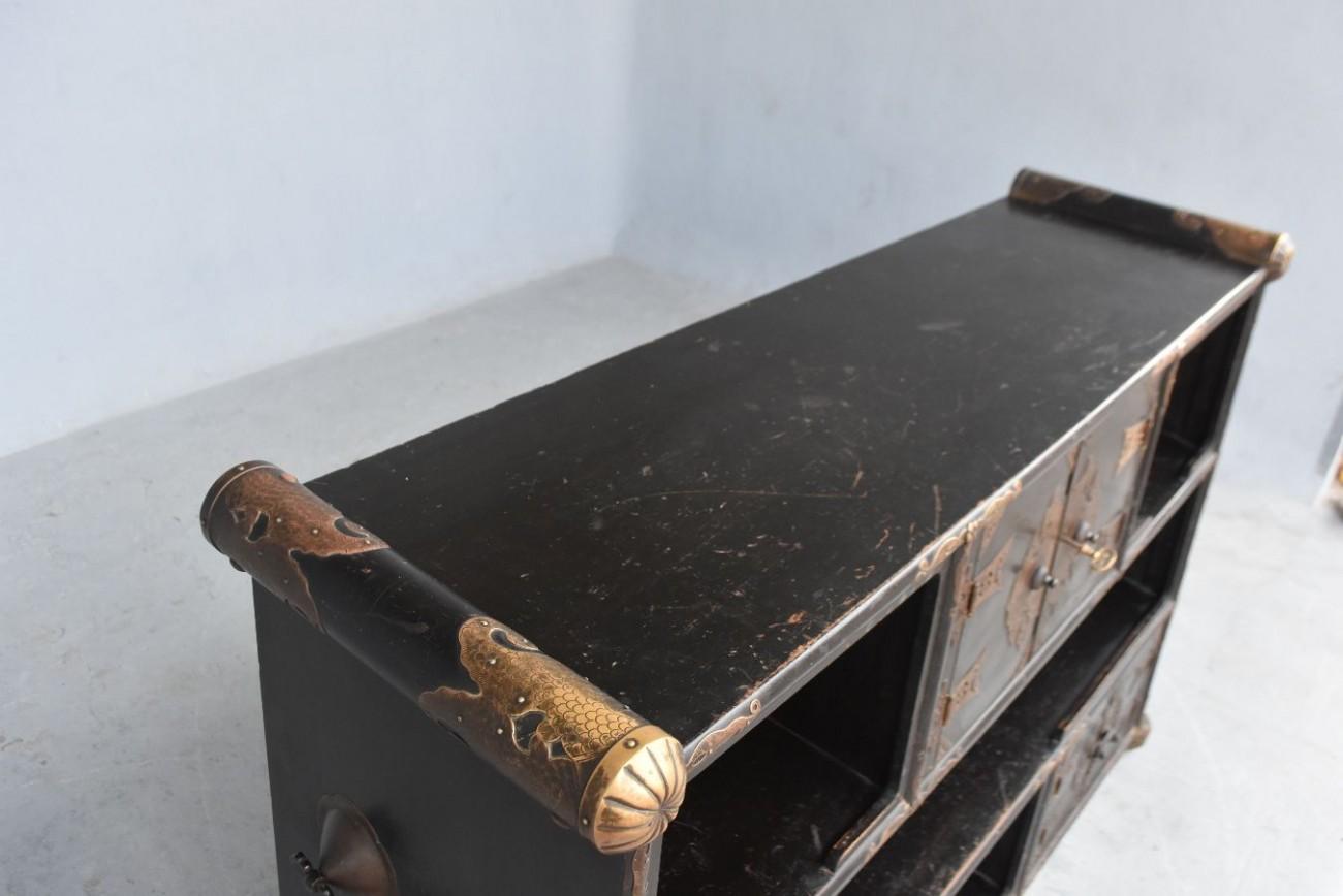 Korean Late 19th Original Wood Blackened Trunk Korea Brass Decor Swastika