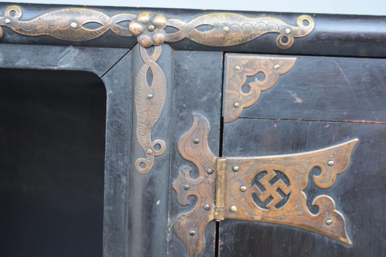 19th Century Late 19th Original Wood Blackened Trunk Korea Brass Decor Swastika