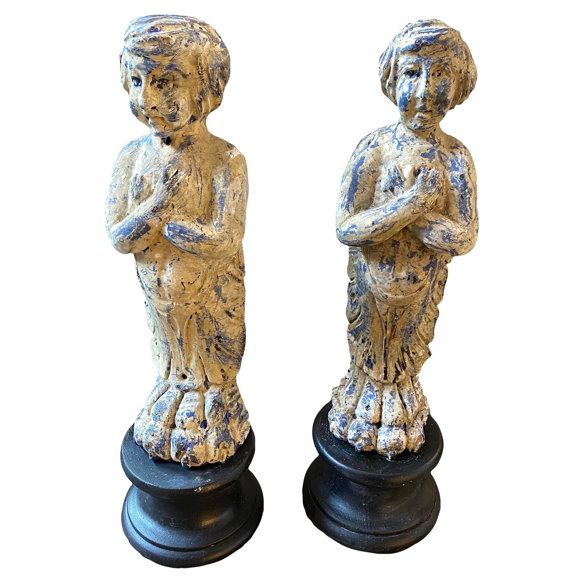 Late 19th Pair of Century, Hand-Carved Wood Sicilian Sculptures For Sale