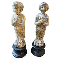 Antique Late 19th Pair of Century, Hand-Carved Wood Sicilian Sculptures
