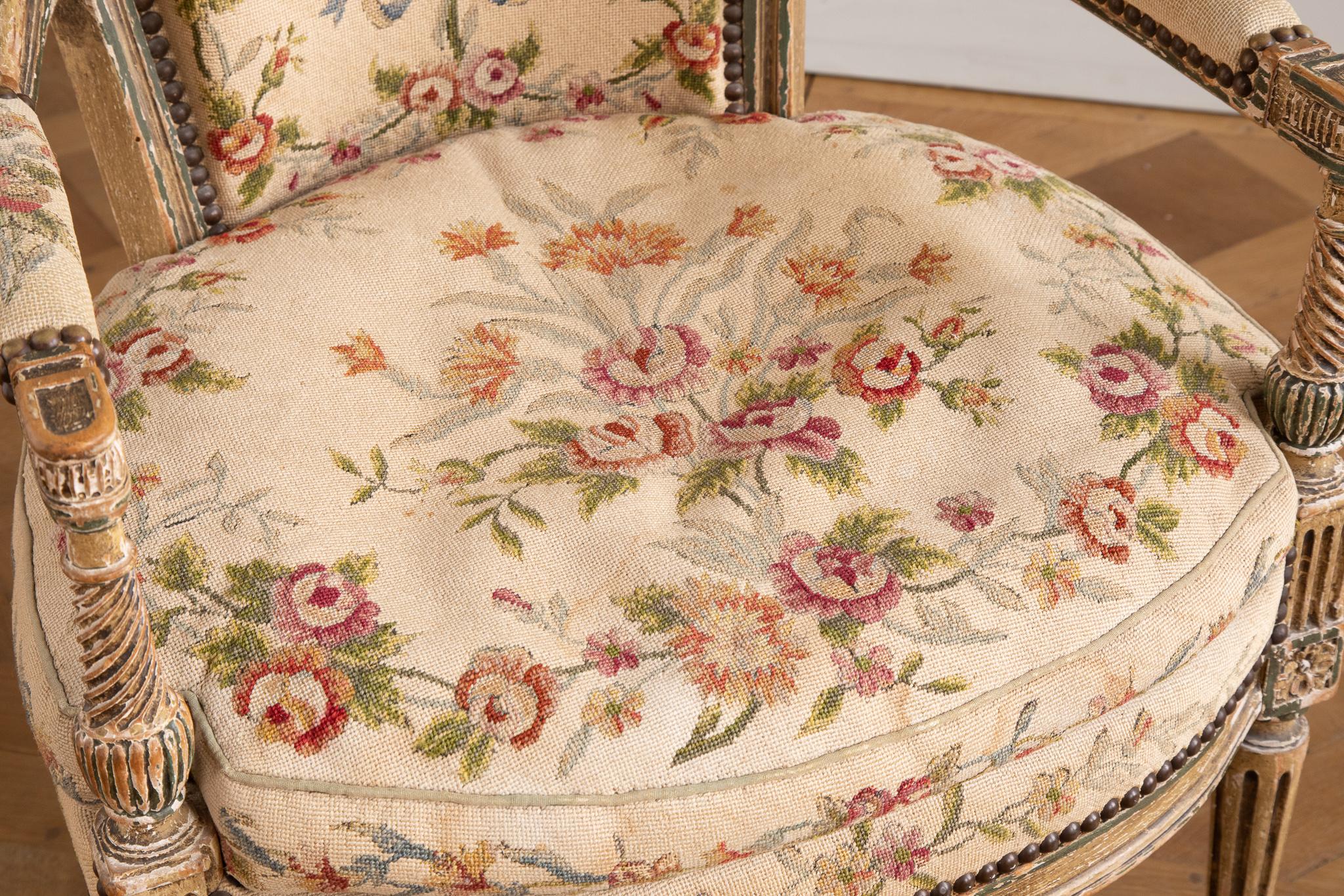 late 19th Pair of Louis XVI style Armchairs with needlepoint upholstery For Sale 6