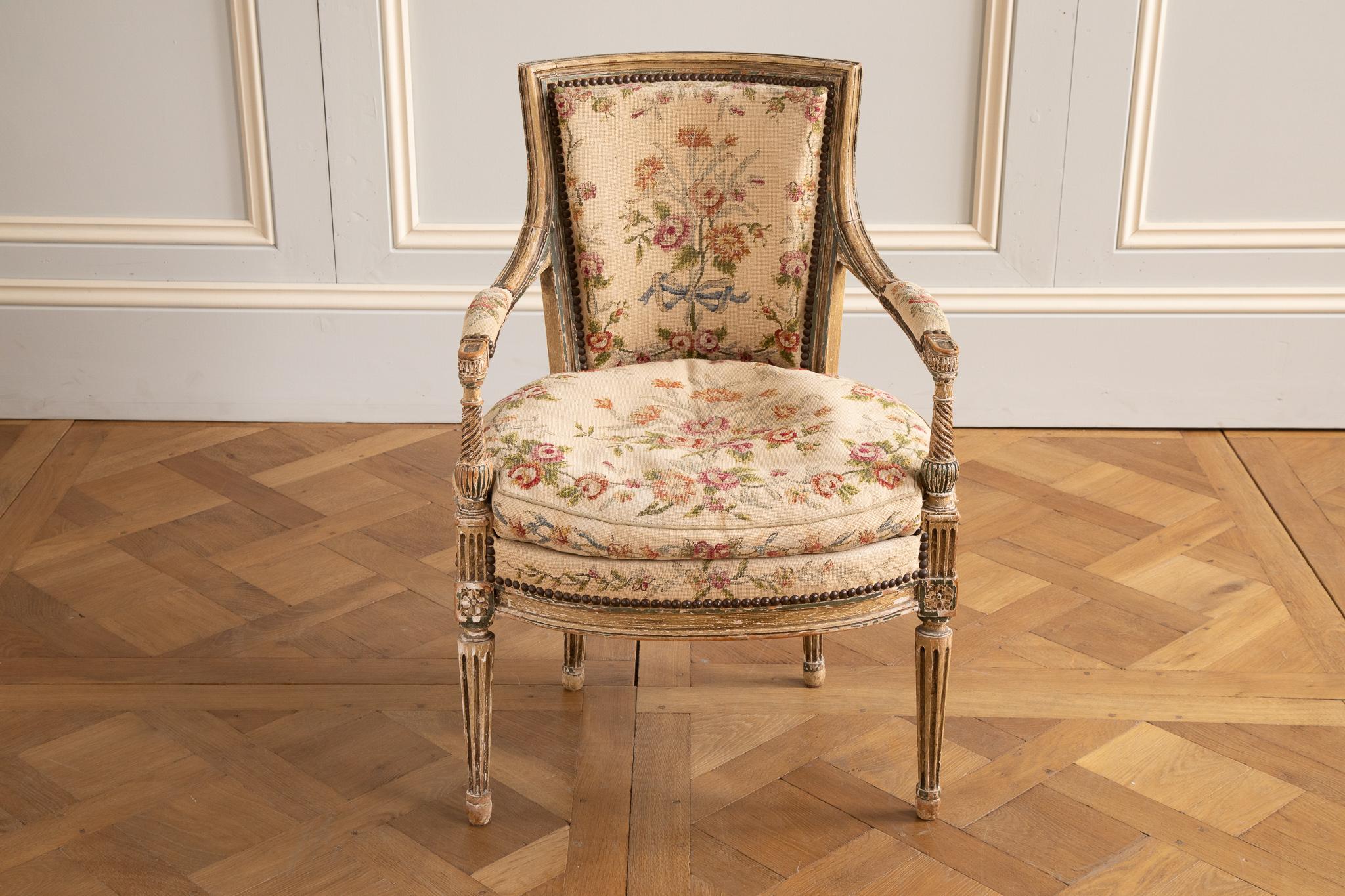 late 19th Pair of Louis XVI style Armchairs with needlepoint upholstery For Sale 8