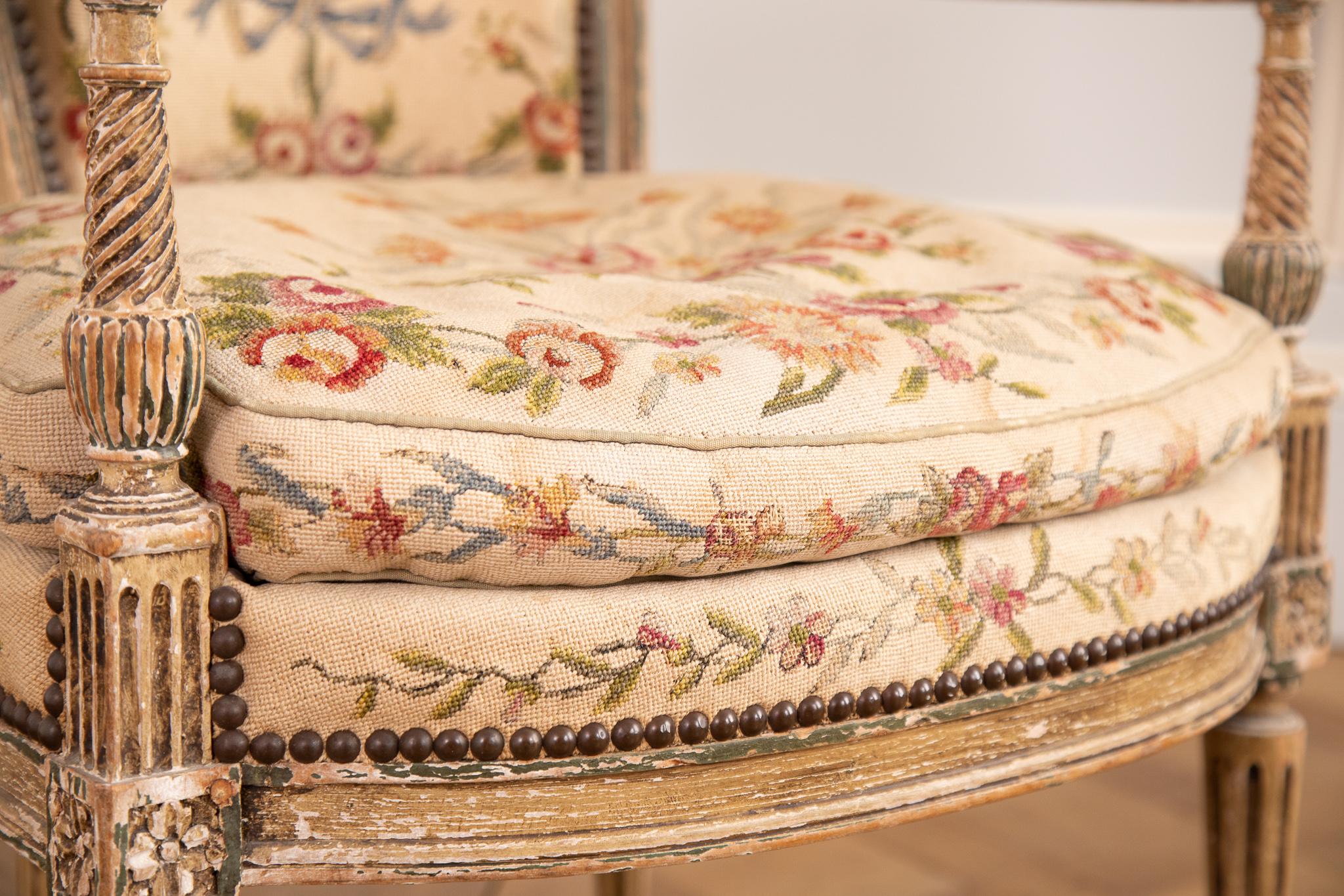 late 19th Pair of Louis XVI style Armchairs with needlepoint upholstery For Sale 9