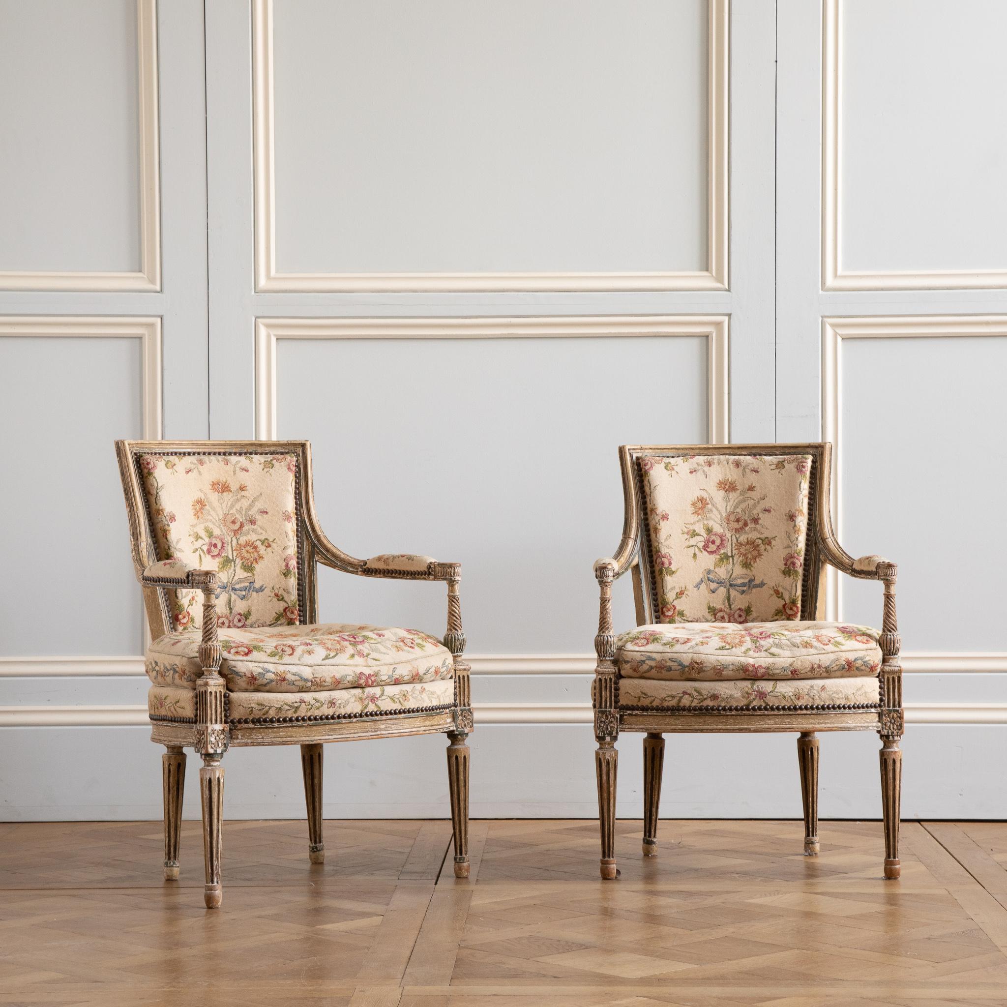 French late 19th Pair of Louis XVI style Armchairs with needlepoint upholstery For Sale