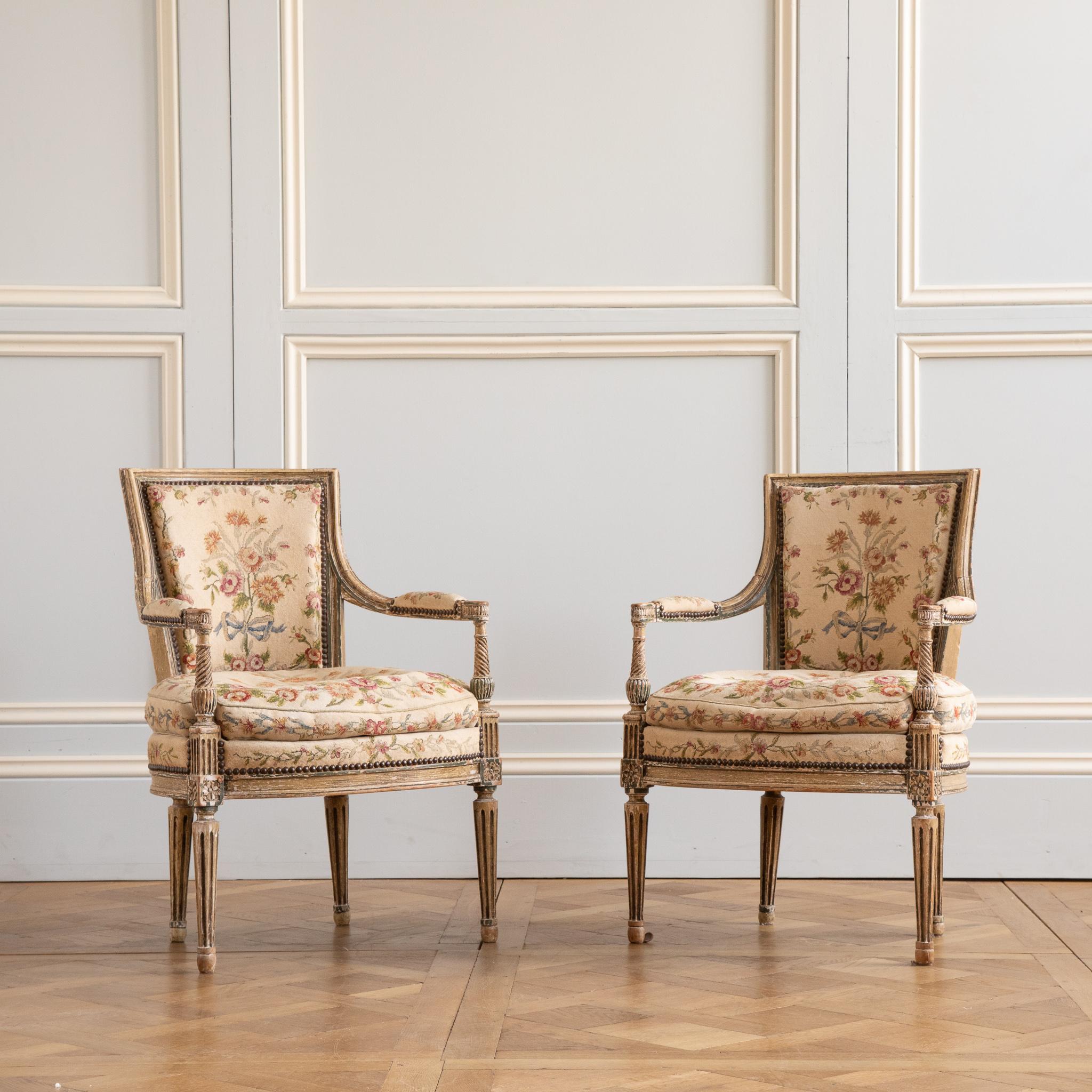 Needlepoint late 19th Pair of Louis XVI style Armchairs with needlepoint upholstery For Sale