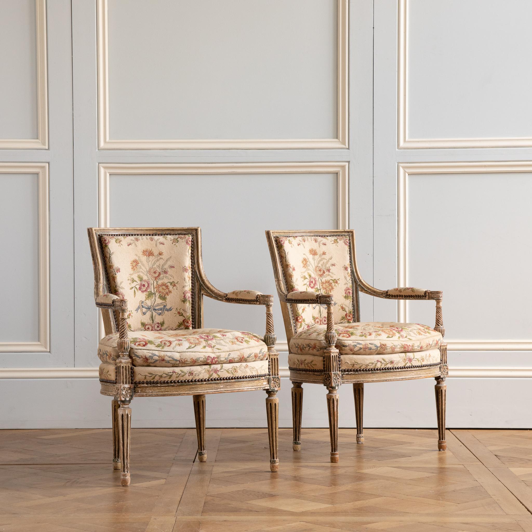 late 19th Pair of Louis XVI style Armchairs with needlepoint upholstery In Good Condition For Sale In London, Park Royal