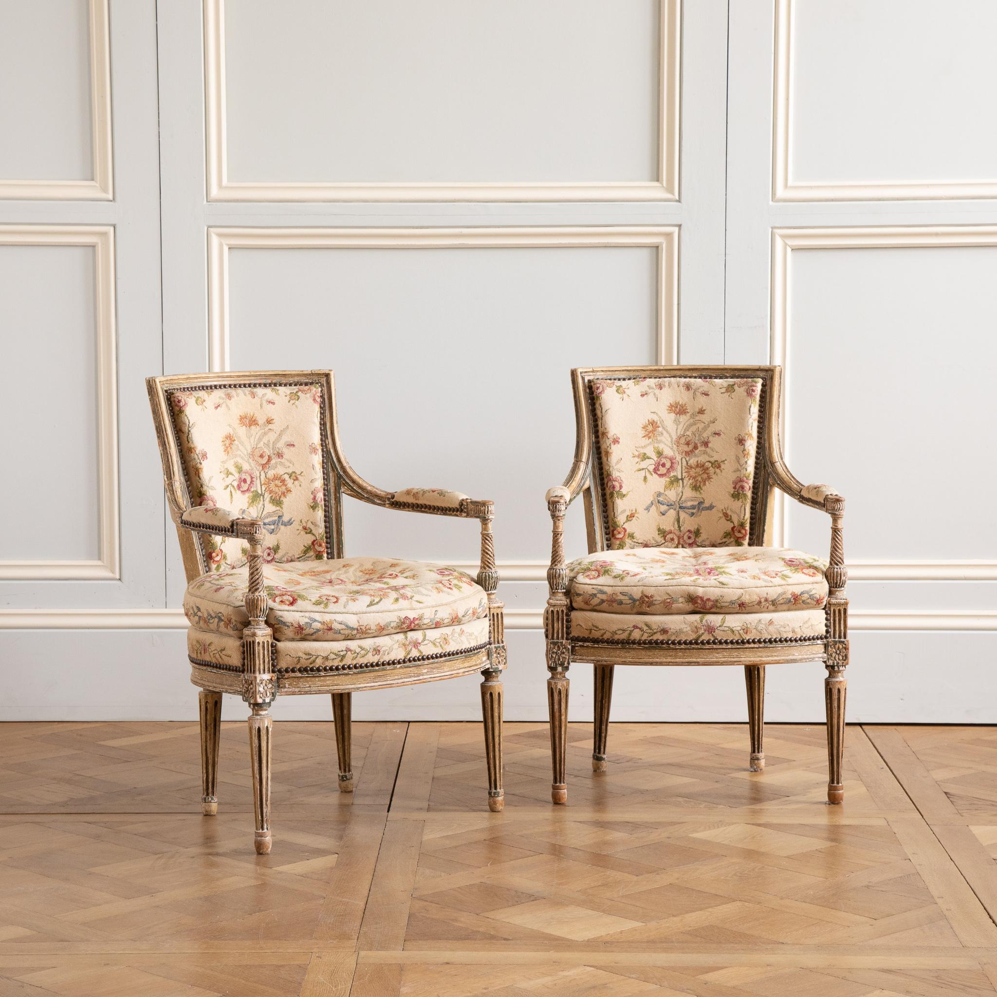 19th Century late 19th Pair of Louis XVI style Armchairs with needlepoint upholstery For Sale