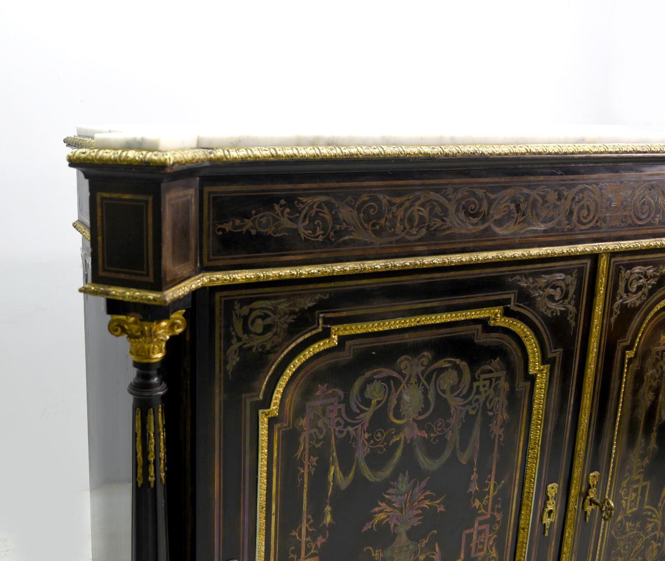 Brass Late 19th Sideboard with Doors Richly Decorated with Boulle Marquetry
