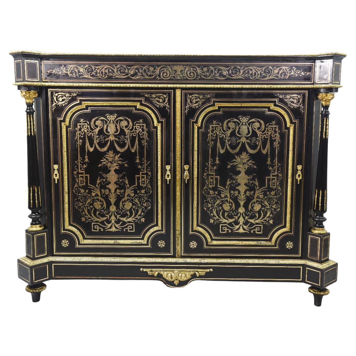 Late 19th Sideboard with Doors Richly Decorated with Boulle Marquetry