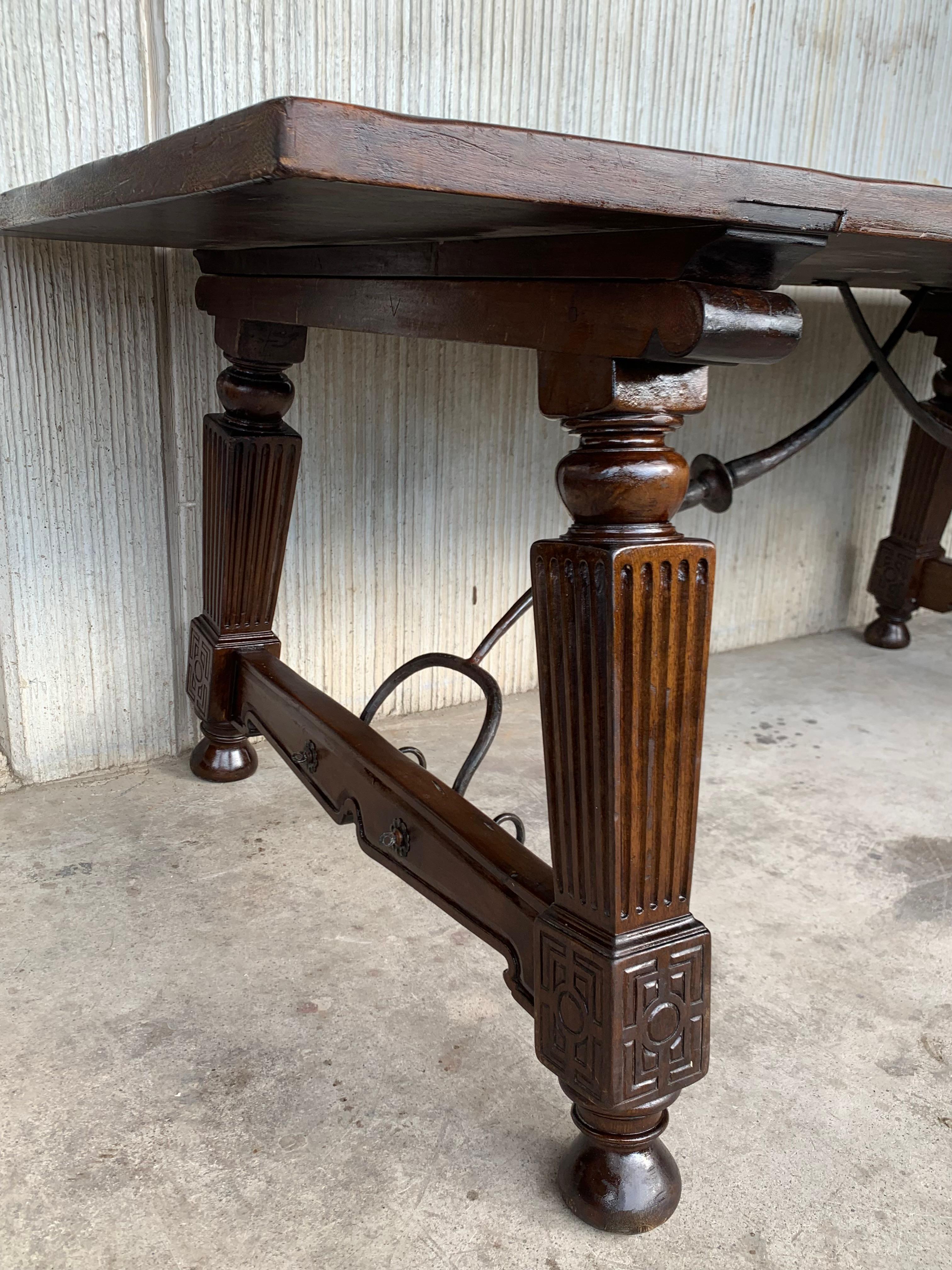 Late 19th Spanish Walnut Dining Fratino Table with Iron Stretcher For Sale 5