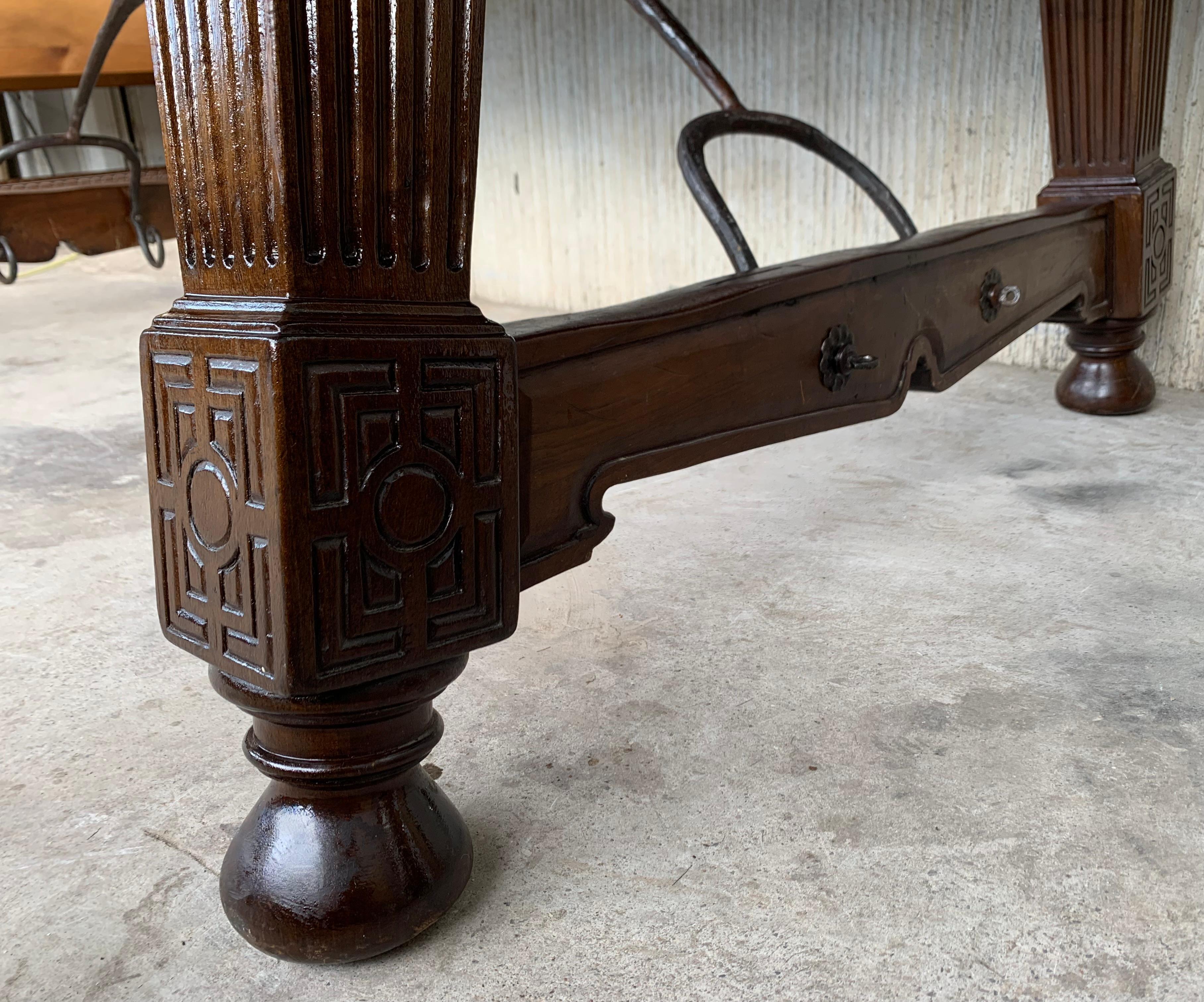 Late 19th Spanish Walnut Dining Fratino Table with Iron Stretcher For Sale 8