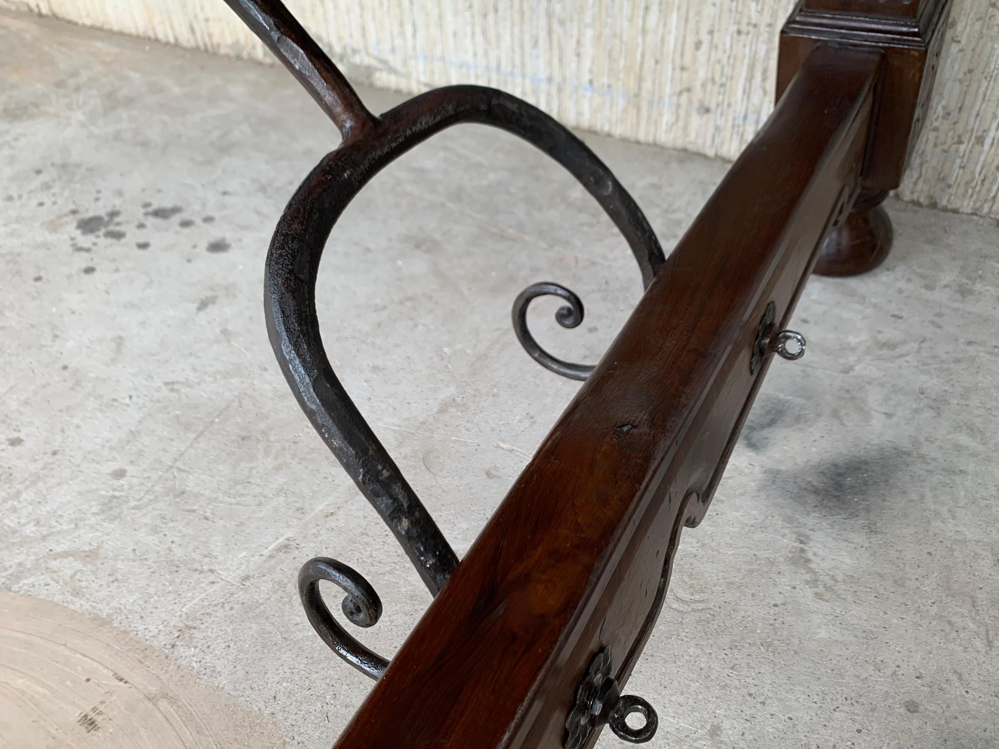Late 19th Spanish Walnut Dining Fratino Table with Iron Stretcher For Sale 11