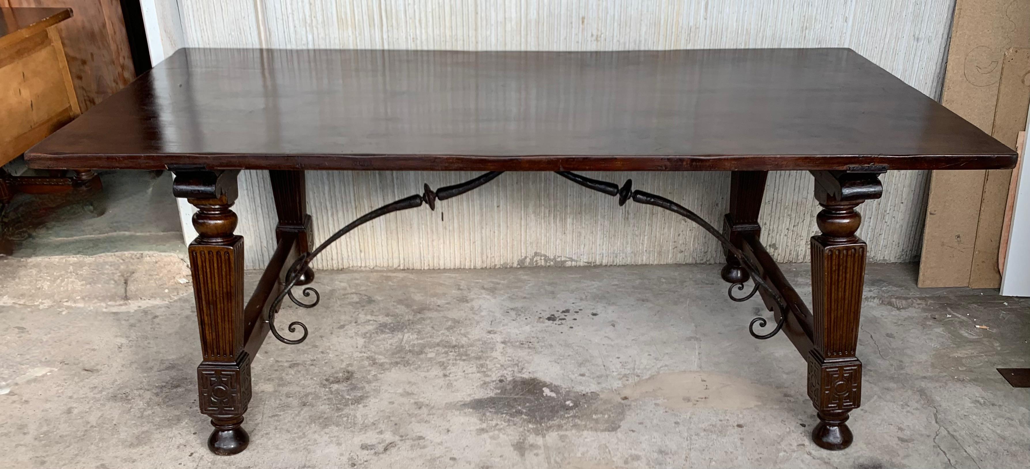 Baroque Late 19th Spanish Walnut Dining Fratino Table with Iron Stretcher For Sale