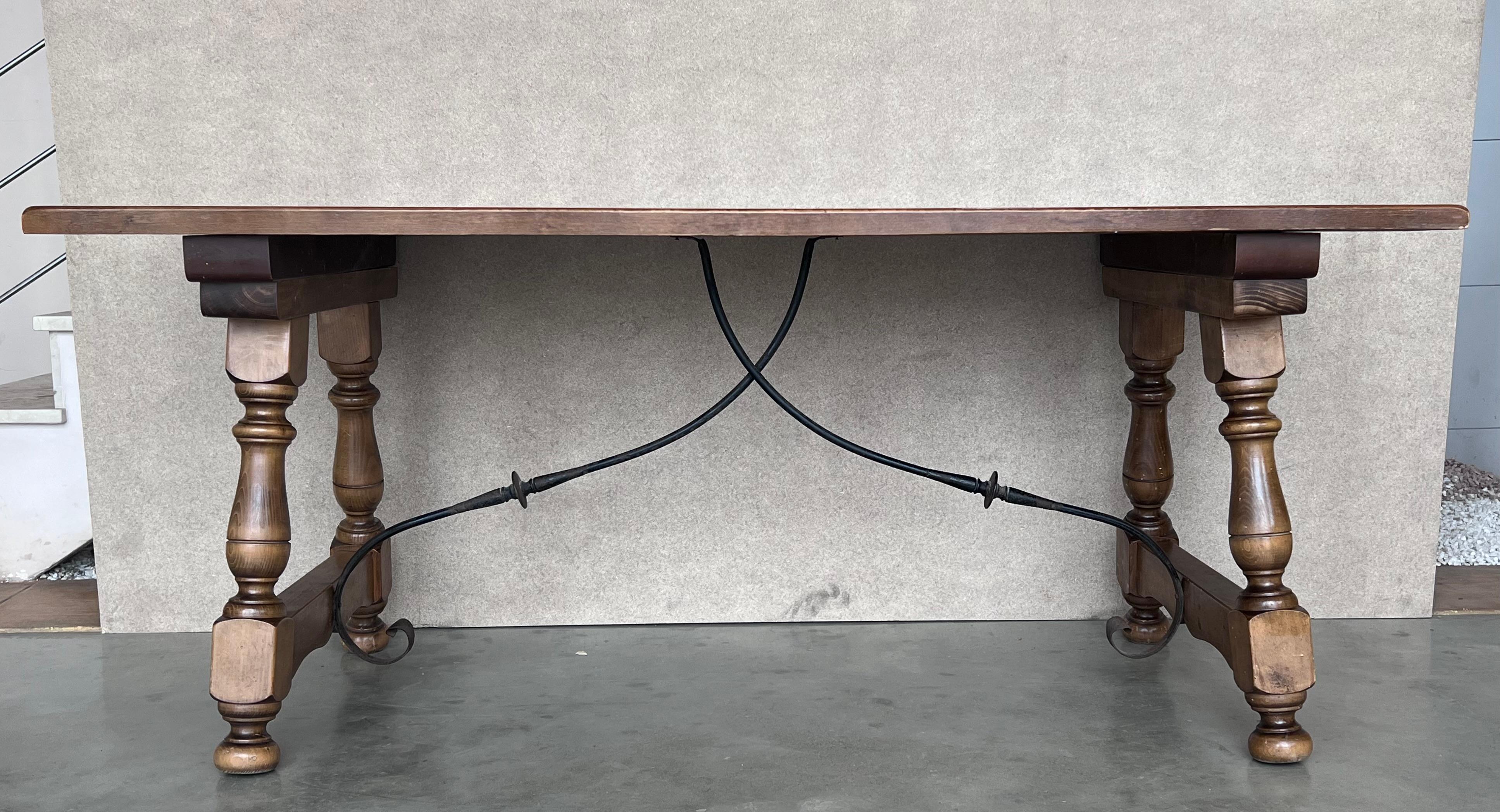 Baroque Late 19th Spanish Walnut Dining Fratino Table with Iron Stretcher For Sale